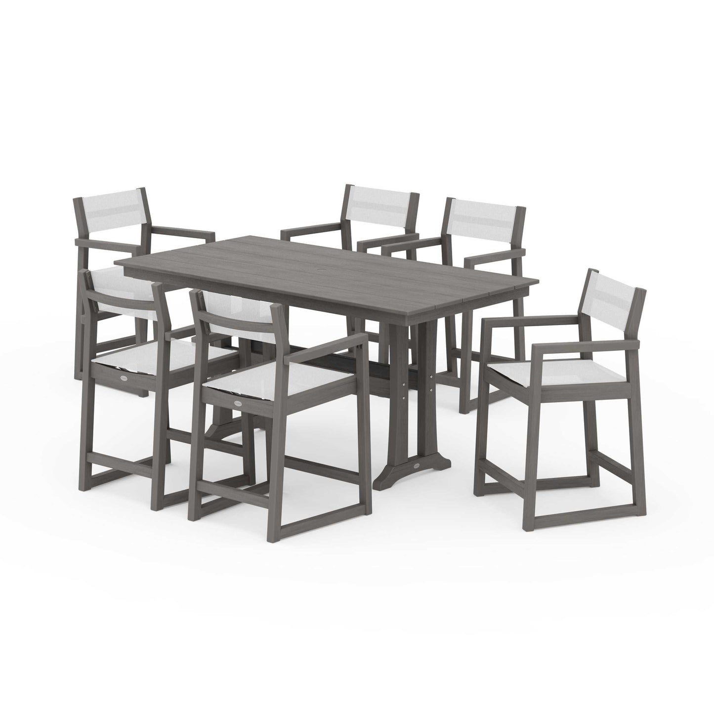 POLYWOOD EDGE Sling Arm Chair 7-Piece Farmhouse Counter Set with Trestle Legs — Driftwood / White Sling