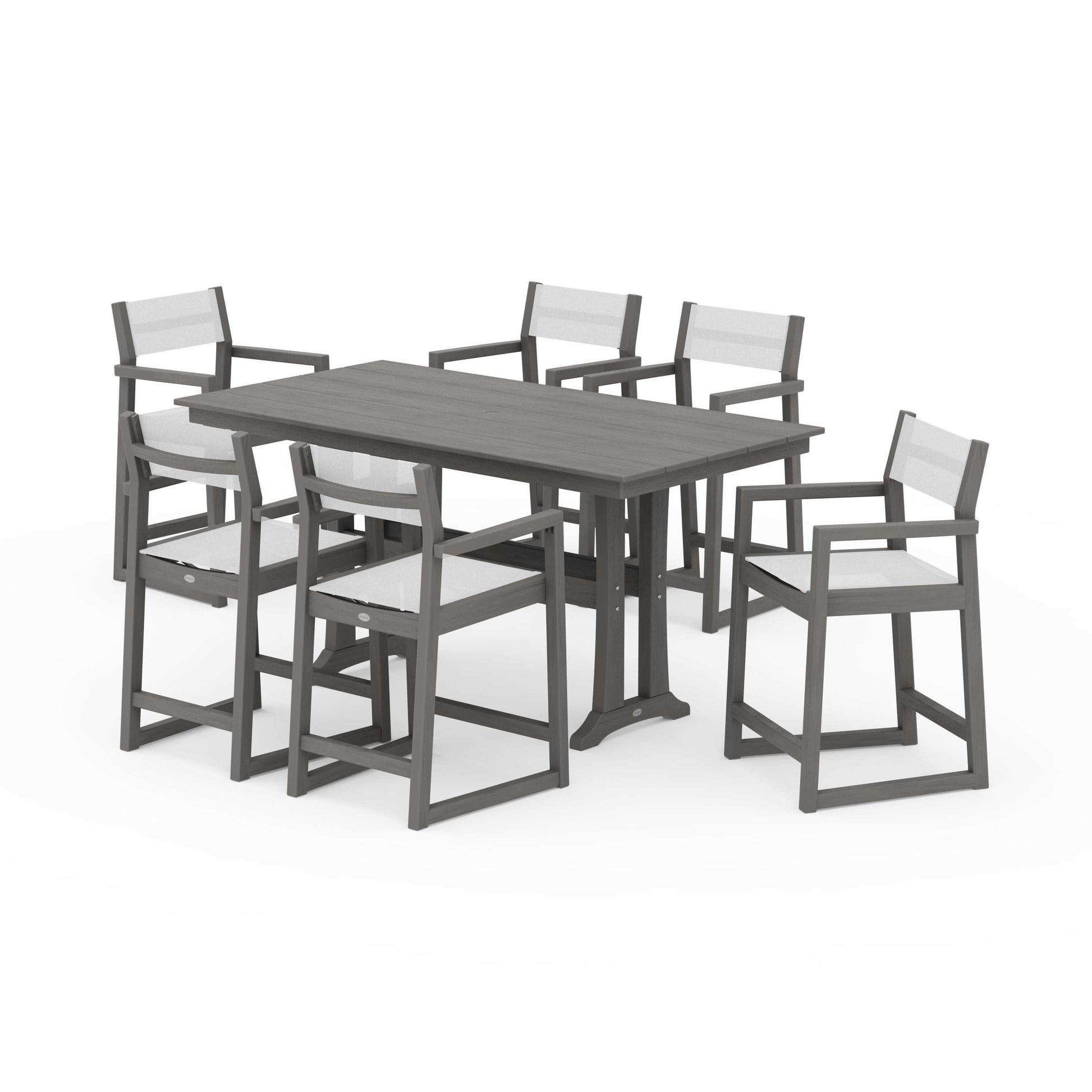 POLYWOOD EDGE Sling Arm Chair 7-Piece Farmhouse Counter Set with Trestle Legs — Driftwood / White Sling
