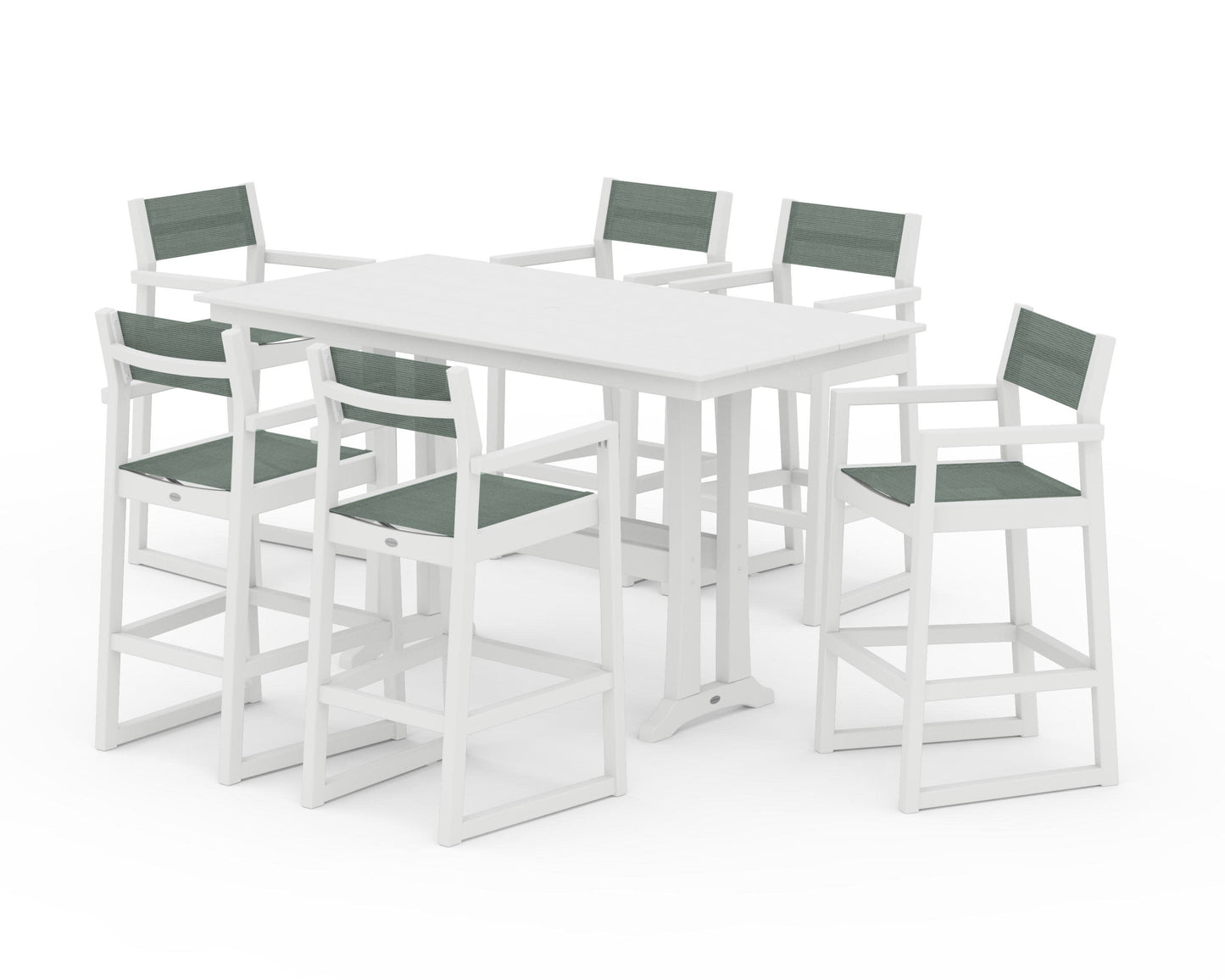 POLYWOOD EDGE Sling Arm Chair 7-Piece Farmhouse Bar Set with Trestle Legs — White / Dupioni Sea Mist Sling