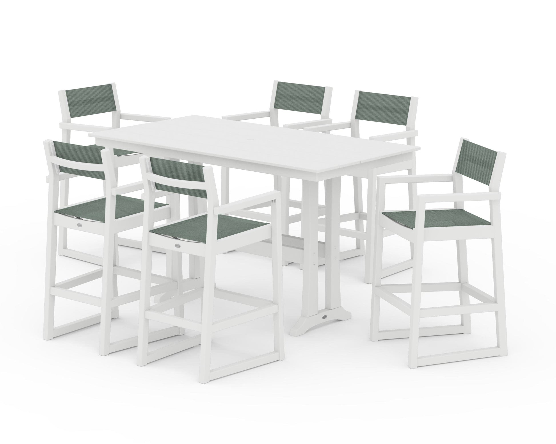 POLYWOOD EDGE Sling Arm Chair 7-Piece Farmhouse Bar Set with Trestle Legs — White / Dupioni Sea Mist Sling