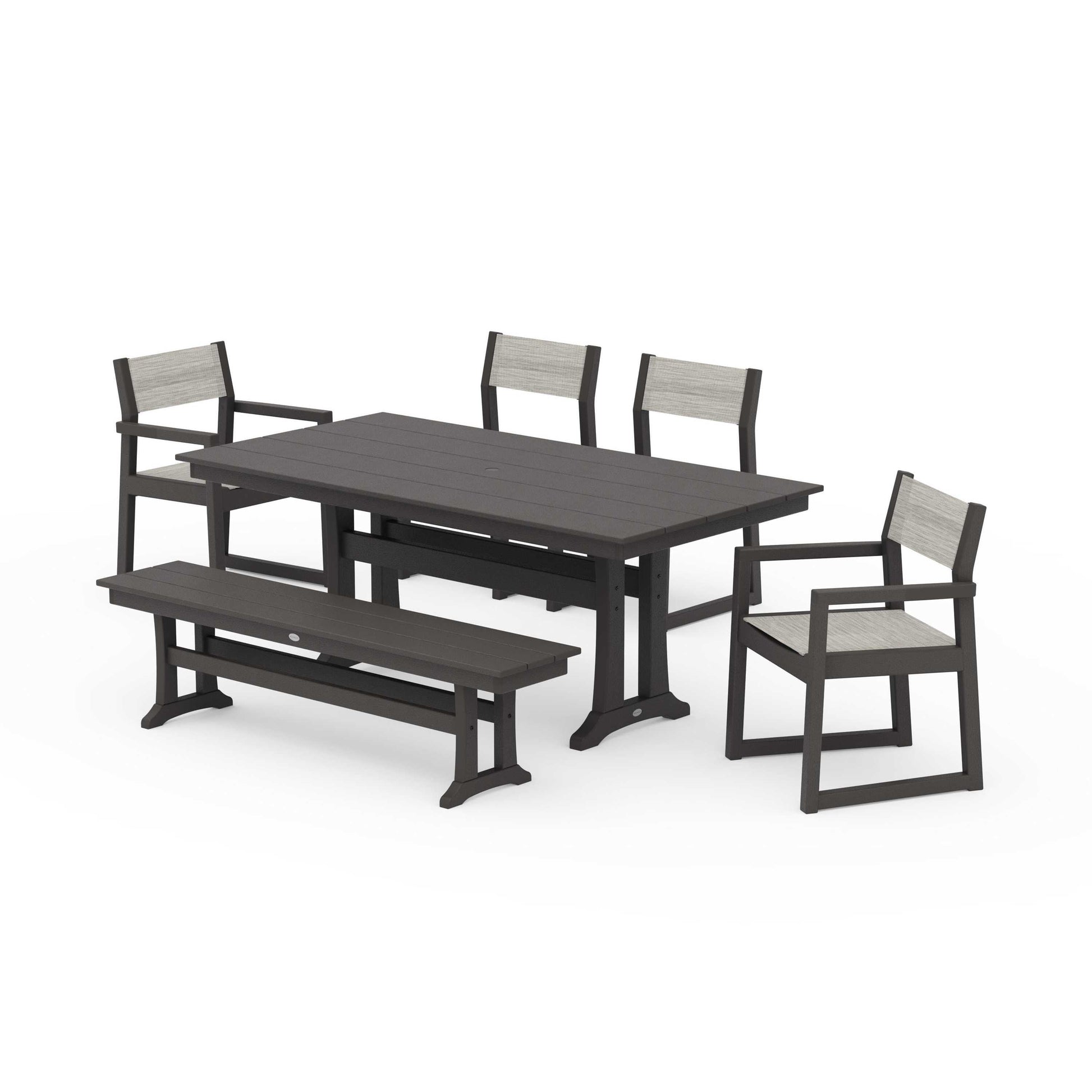 POLYWOOD EDGE Sling 6-Piece Farmhouse Dining Set With Trestle Legs — Vintage Coffee / Birch Sling
