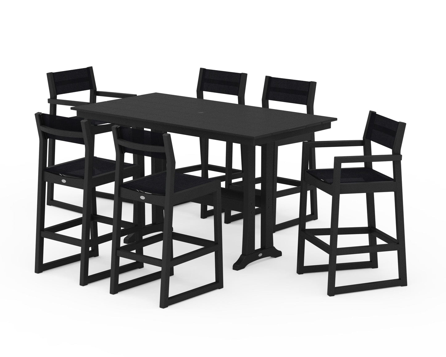 POLYWOOD EDGE Sling 7-Piece Farmhouse Bar Set with Trestle Legs — Black / Black Sling