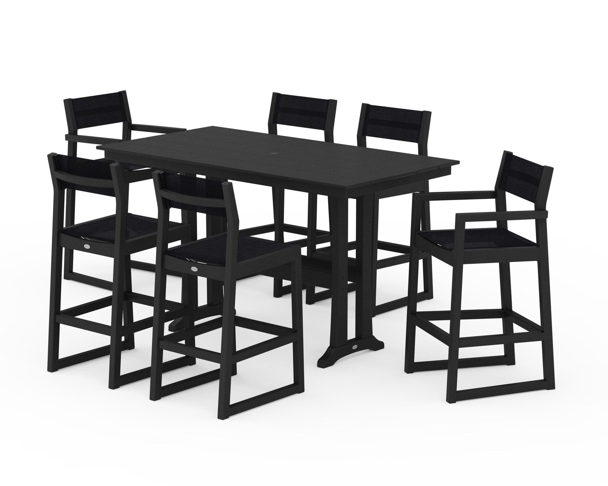 POLYWOOD EDGE Sling 7-Piece Farmhouse Bar Set with Trestle Legs — Black / Black Sling