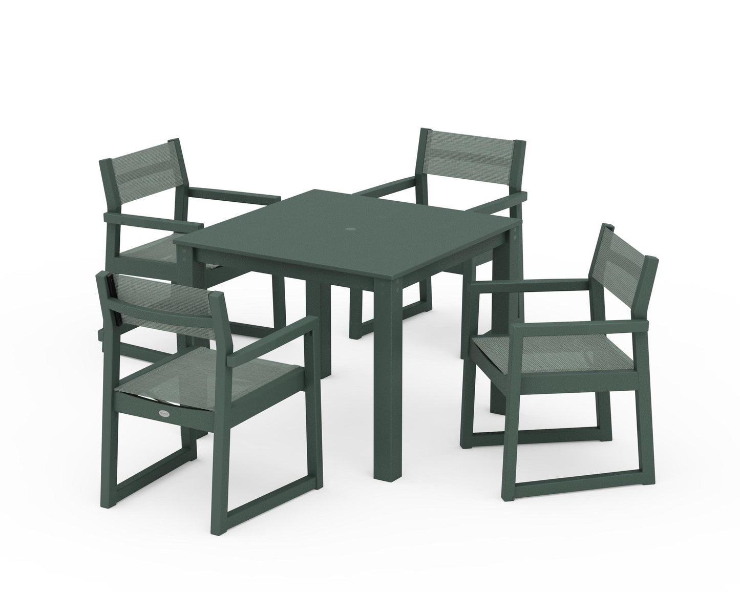 POLYWOOD EDGE Sling Arm Chair 5-Piece Parsons Dining Set — Green / Dupioni Sea Mist Sling