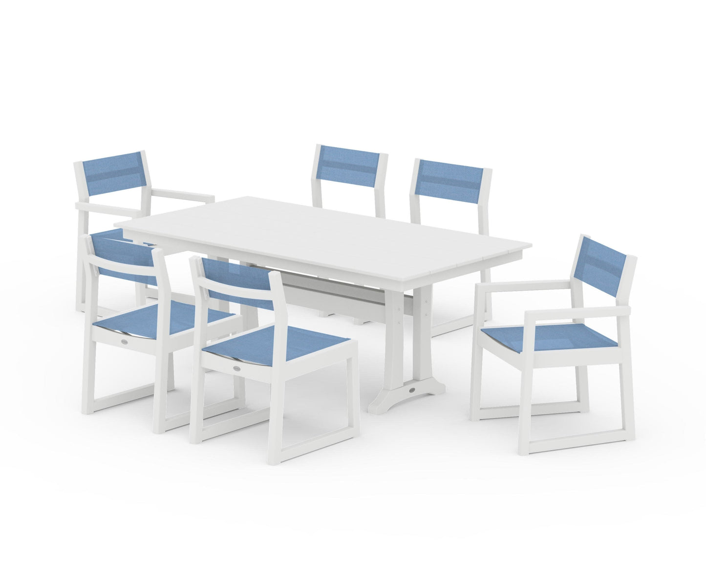 POLYWOOD EDGE Sling 7-Piece Farmhouse Trestle Dining Set — White / Poolside Sling