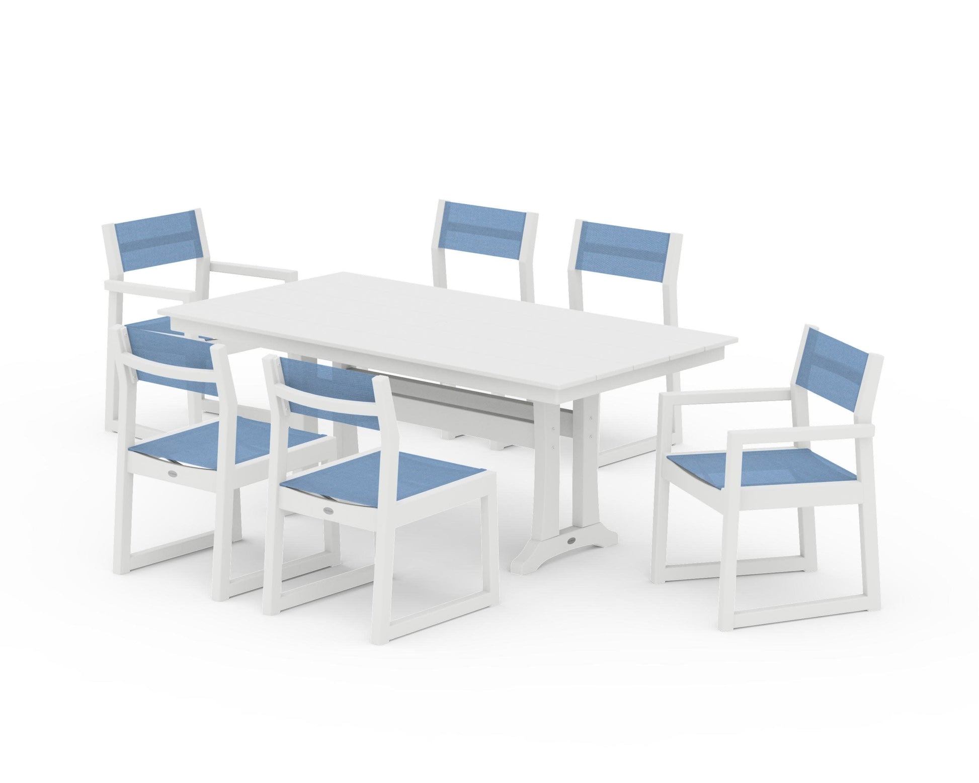 POLYWOOD EDGE Sling 7-Piece Farmhouse Trestle Dining Set — White / Poolside Sling