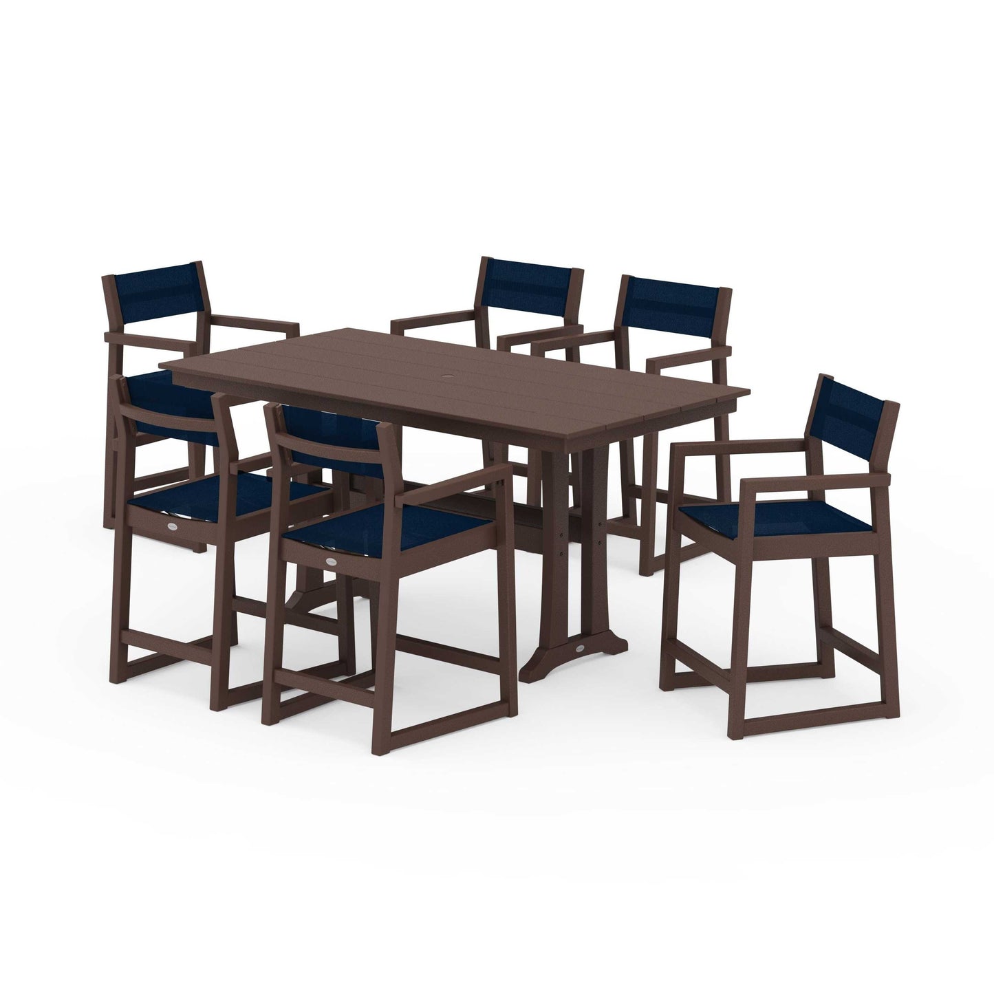 POLYWOOD EDGE Sling Arm Chair 7-Piece Farmhouse Counter Set with Trestle Legs — Mahogany / Navy Blue Sling