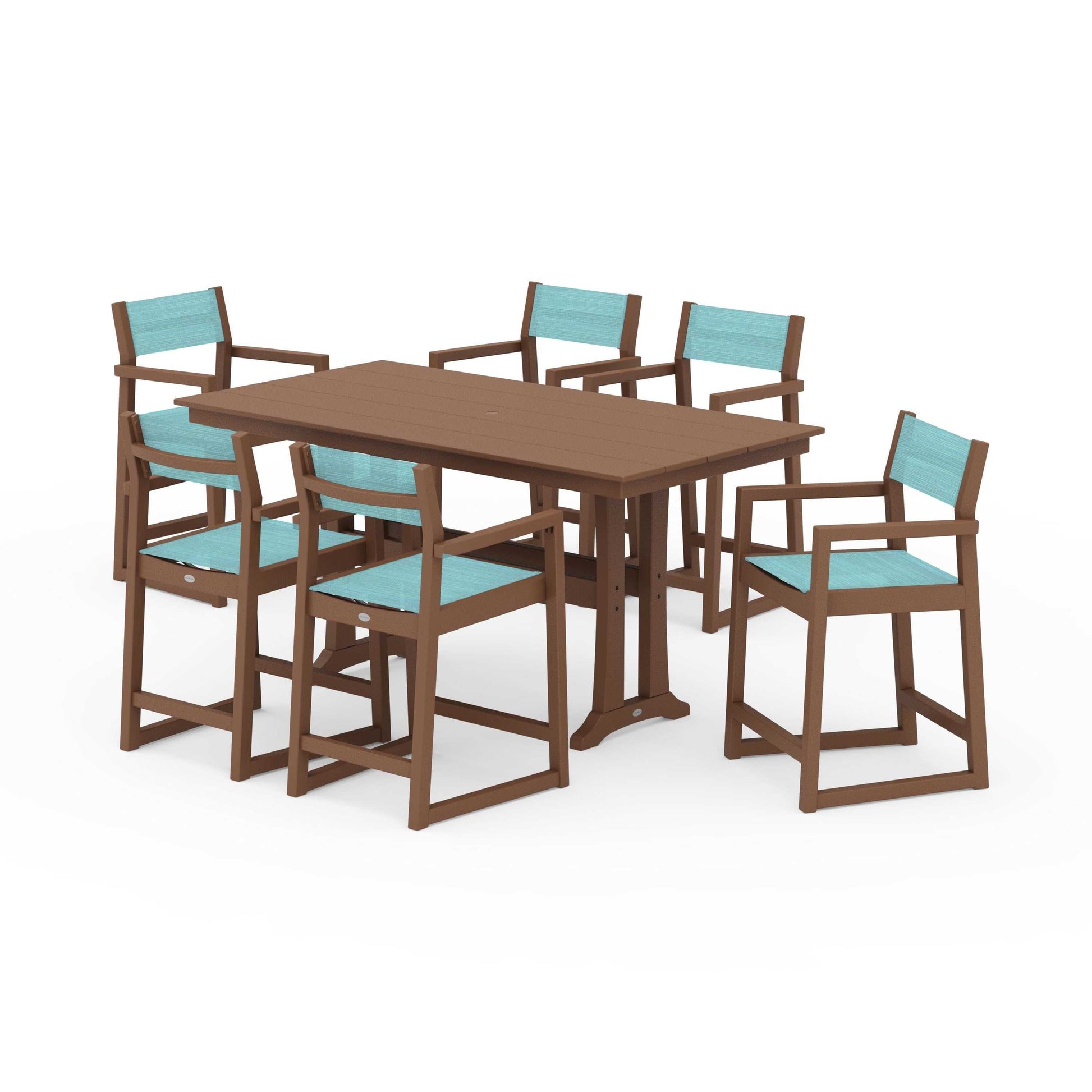 POLYWOOD EDGE Sling Arm Chair 7-Piece Farmhouse Counter Set with Trestle Legs — Teak / Dupioni Aquamarine Sling