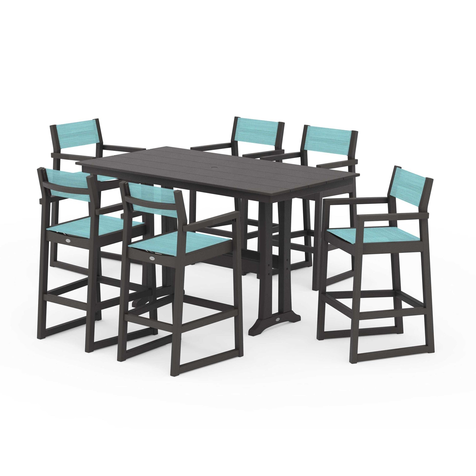 POLYWOOD EDGE Sling Arm Chair 7-Piece Farmhouse Bar Set with Trestle Legs — Vintage Coffee / Dupioni Aquamarine Sling