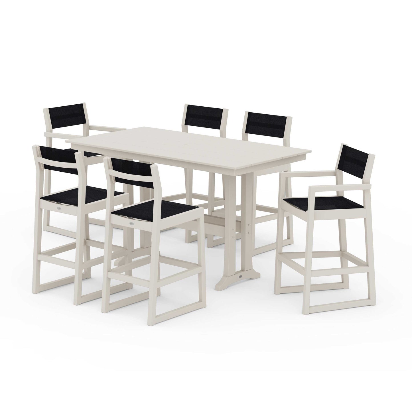 POLYWOOD EDGE Sling 7-Piece Farmhouse Bar Set with Trestle Legs — Sand / Black Sling
