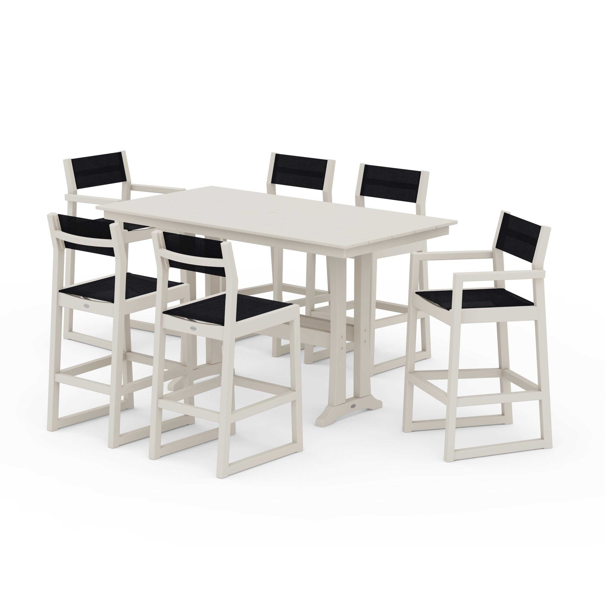 POLYWOOD EDGE Sling 7-Piece Farmhouse Bar Set with Trestle Legs — Sand / Black Sling