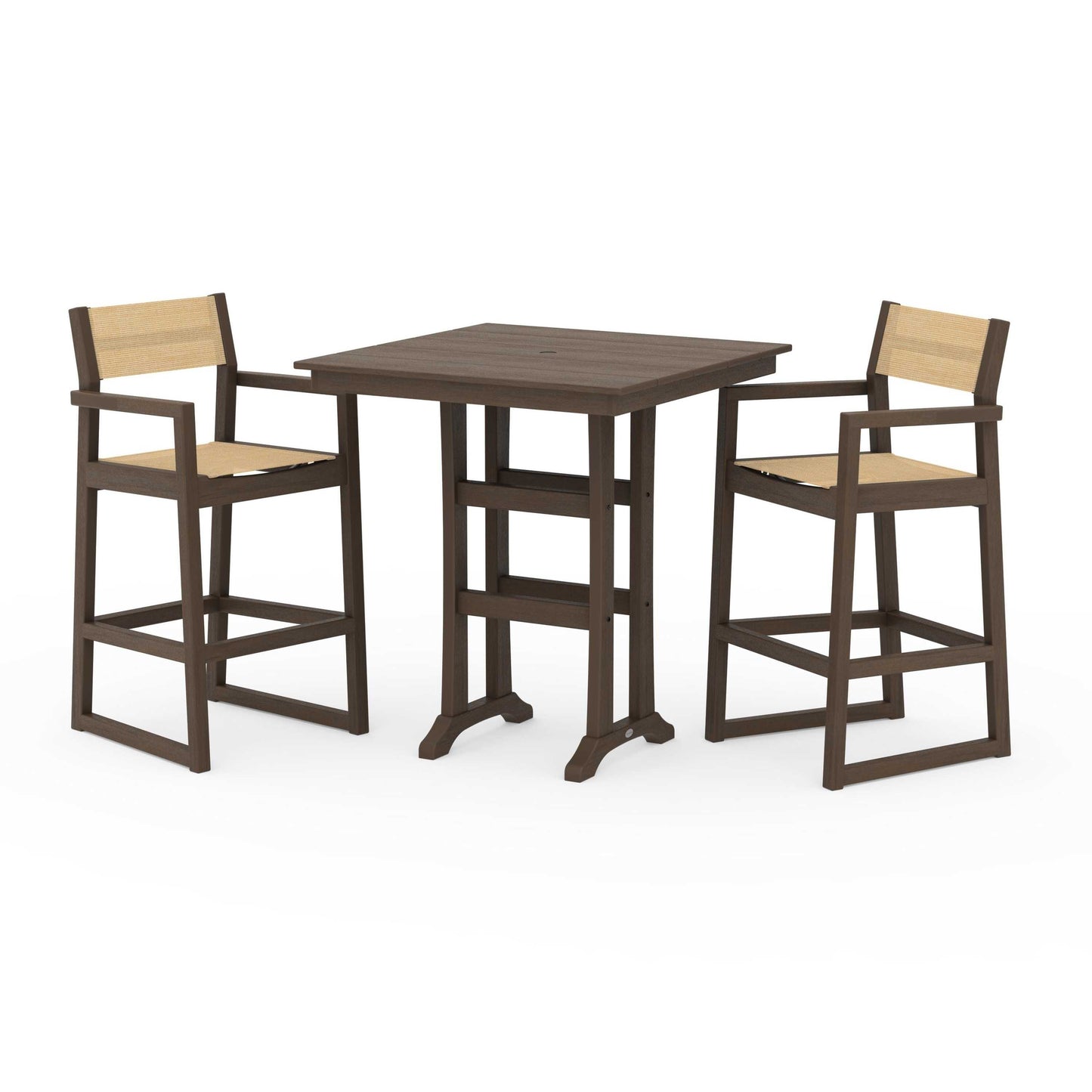 POLYWOOD EDGE Sling Arm Chair 3-Piece Farmhouse Bar Set with Trestle Legs — Kona / Dupioni Apricot Sling