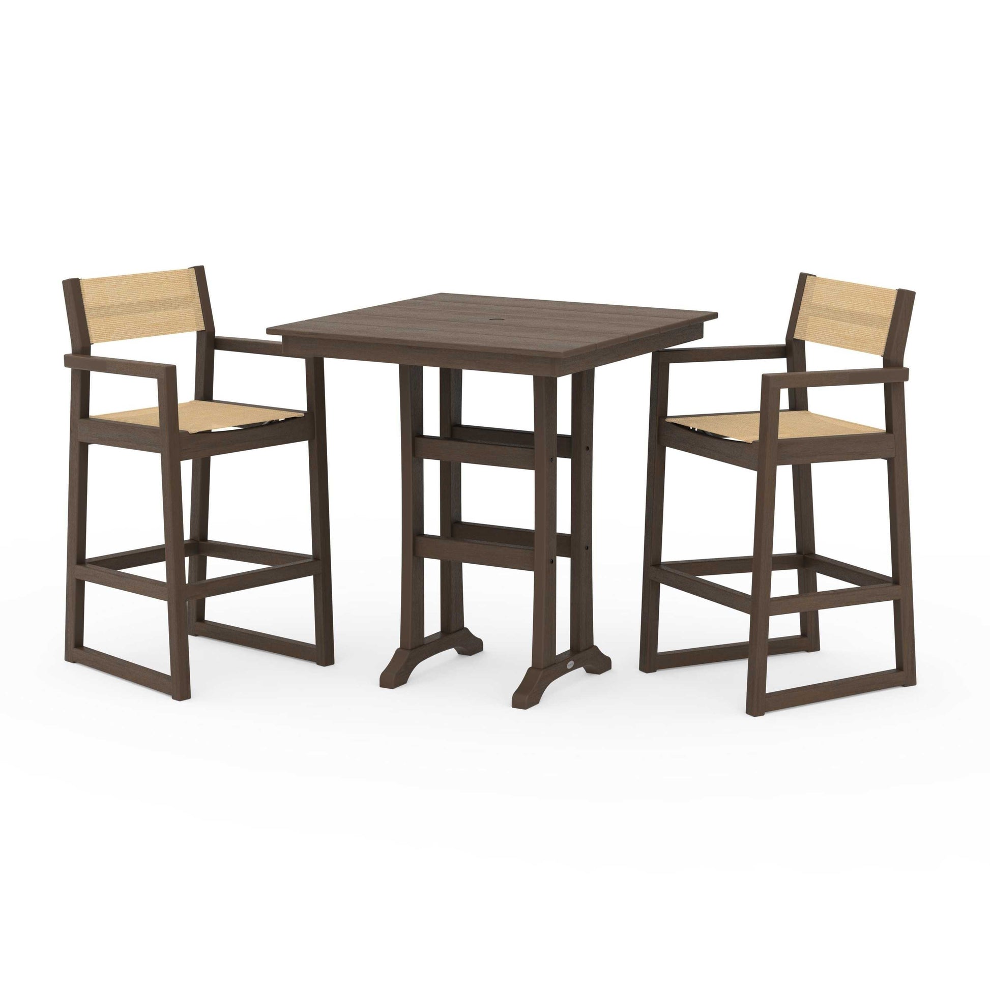 POLYWOOD EDGE Sling Arm Chair 3-Piece Farmhouse Bar Set with Trestle Legs — Kona / Dupioni Apricot Sling