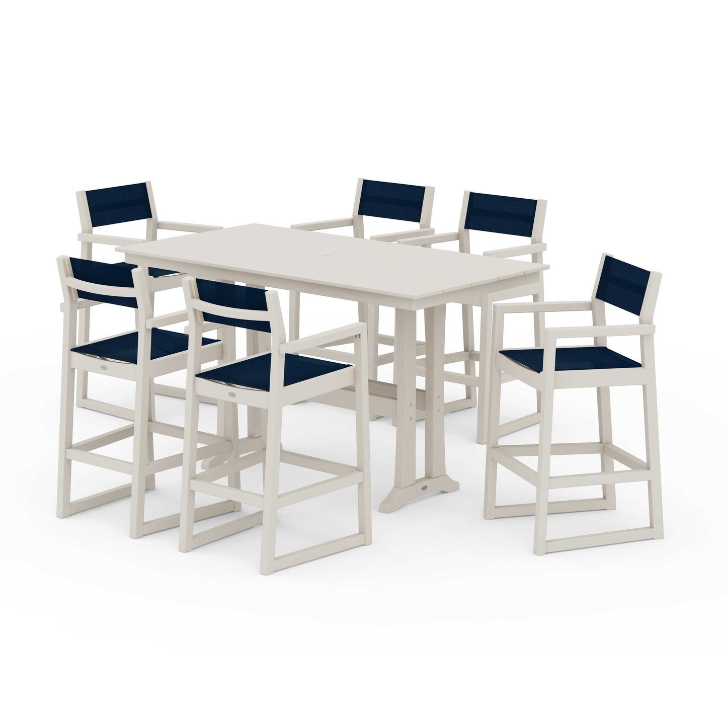 POLYWOOD EDGE Sling Arm Chair 7-Piece Farmhouse Bar Set with Trestle Legs — Sand / Navy Blue Sling