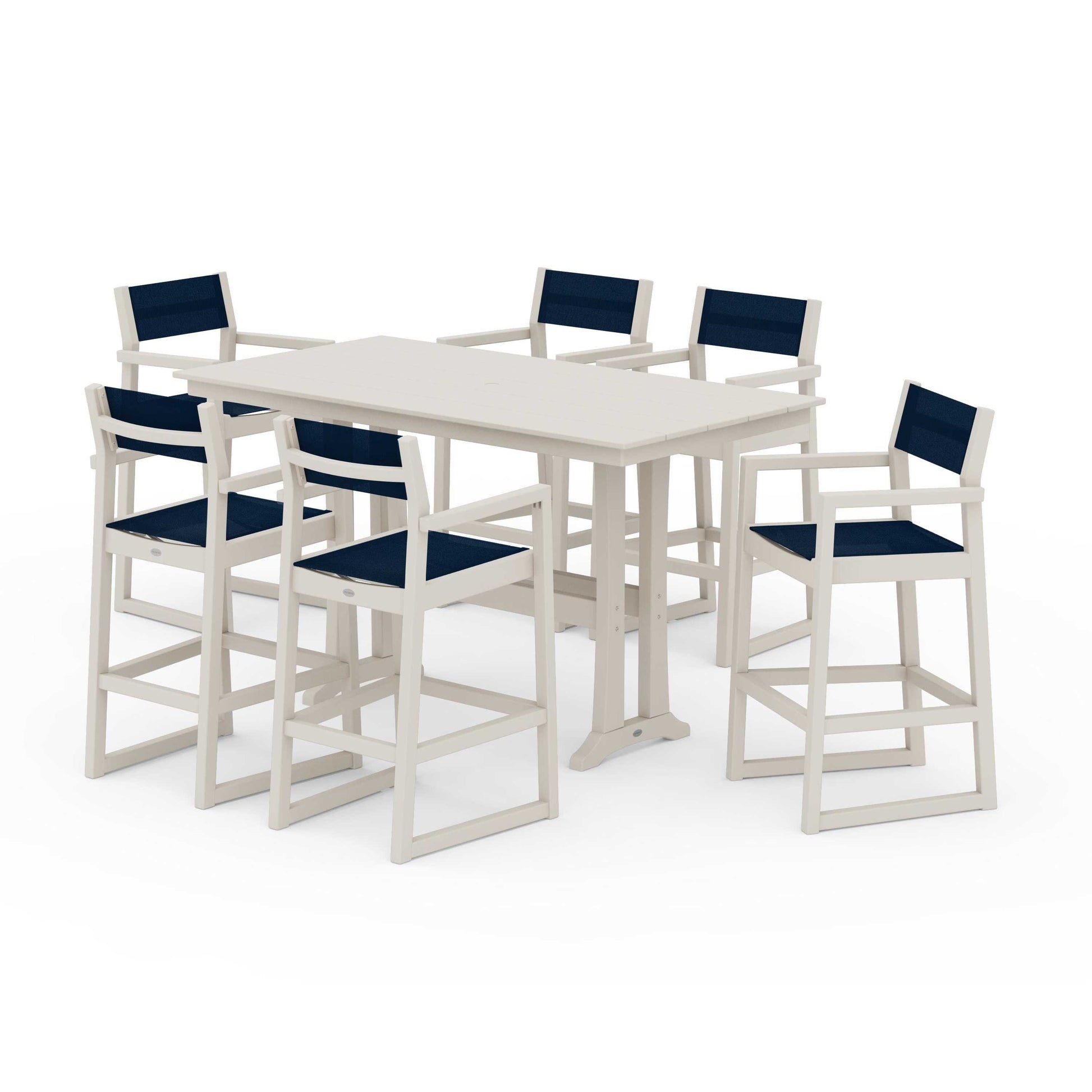 POLYWOOD EDGE Sling Arm Chair 7-Piece Farmhouse Bar Set with Trestle Legs — Sand / Navy Blue Sling