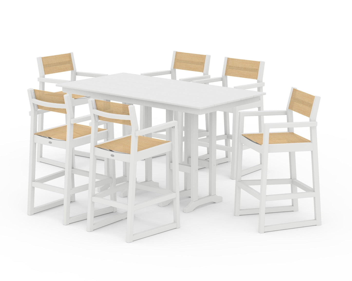 POLYWOOD EDGE Sling Arm Chair 7-Piece Farmhouse Bar Set — White / Dupioni Apricot Sling
