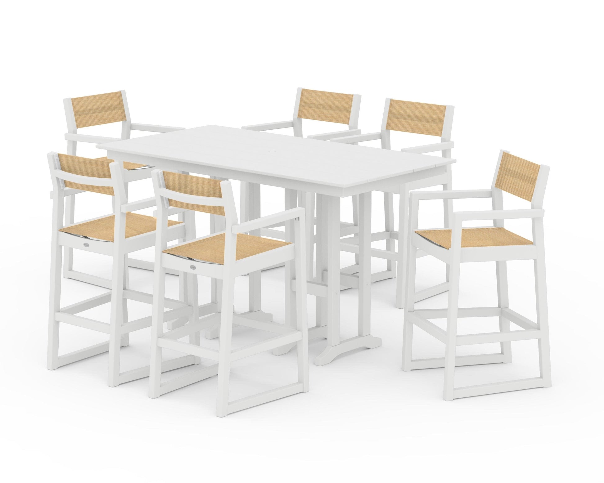 POLYWOOD EDGE Sling Arm Chair 7-Piece Farmhouse Bar Set — White / Dupioni Apricot Sling