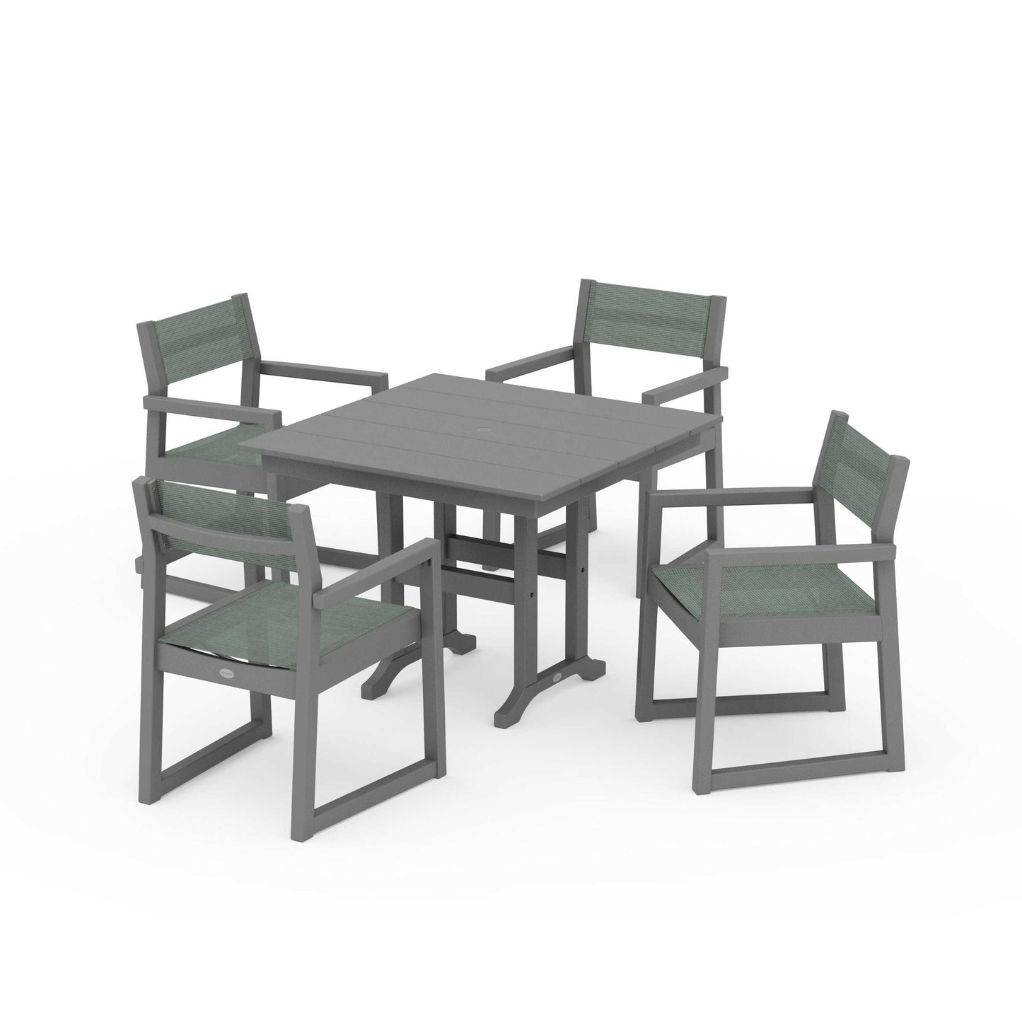 POLYWOOD EDGE Sling Arm Chair 5-Piece Farmhouse Dining Set — Slate Grey / Dupioni Sea Mist Sling