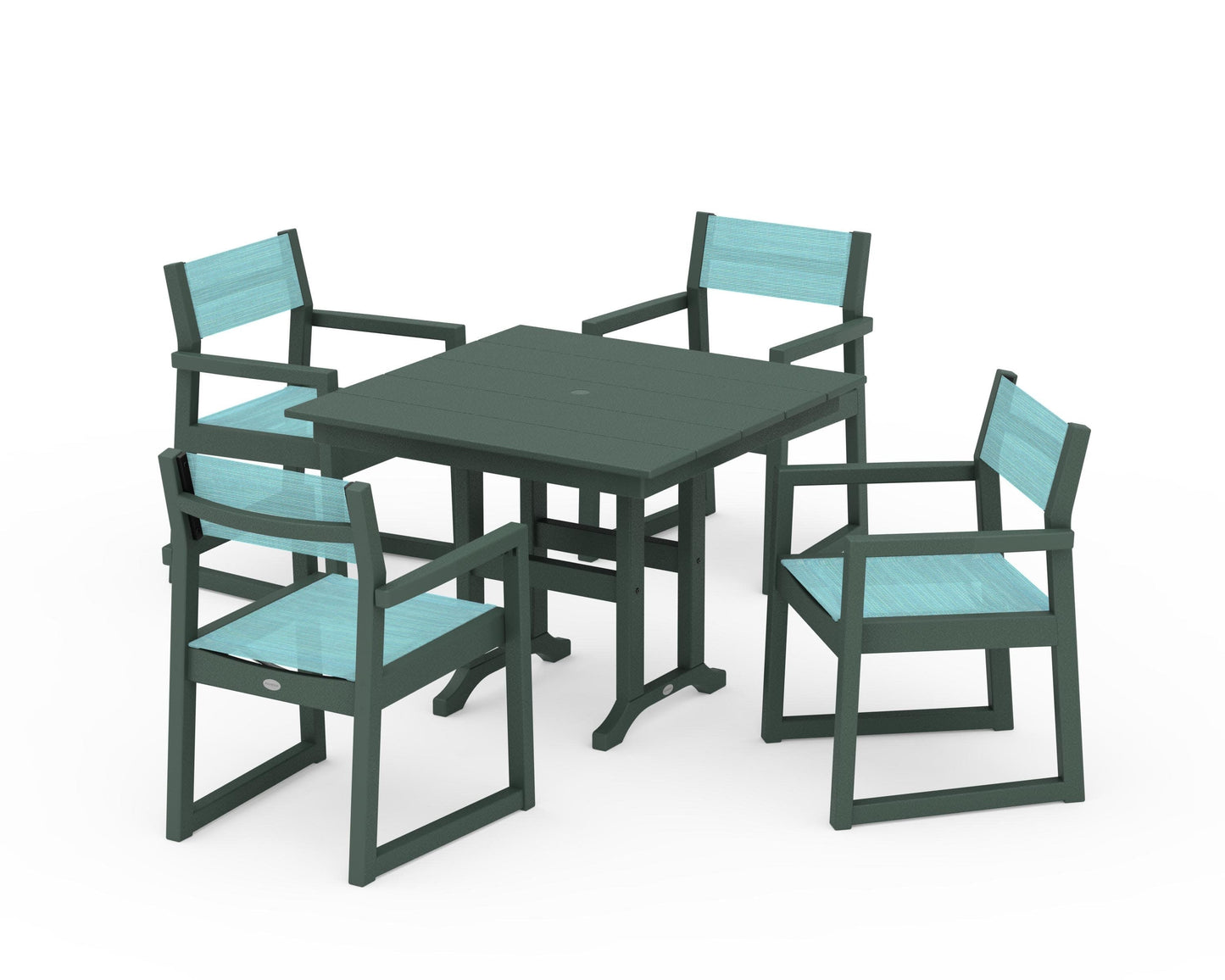 POLYWOOD EDGE Sling Arm Chair 5-Piece Farmhouse Dining Set — Green / Dupioni Aquamarine Sling