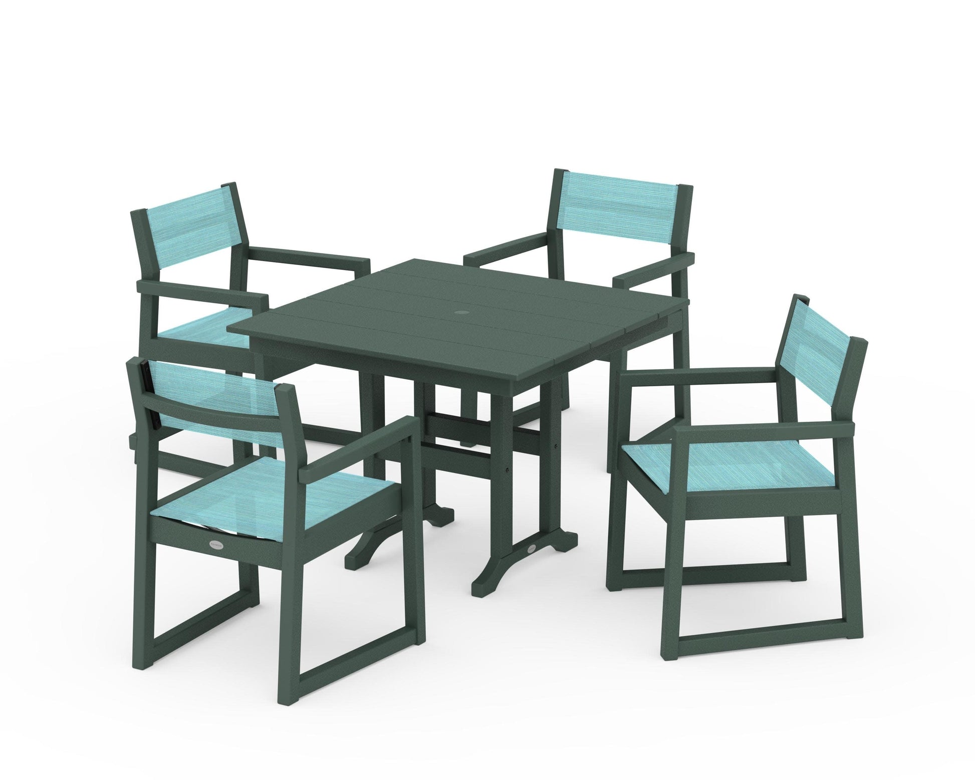 POLYWOOD EDGE Sling Arm Chair 5-Piece Farmhouse Dining Set — Green / Dupioni Aquamarine Sling