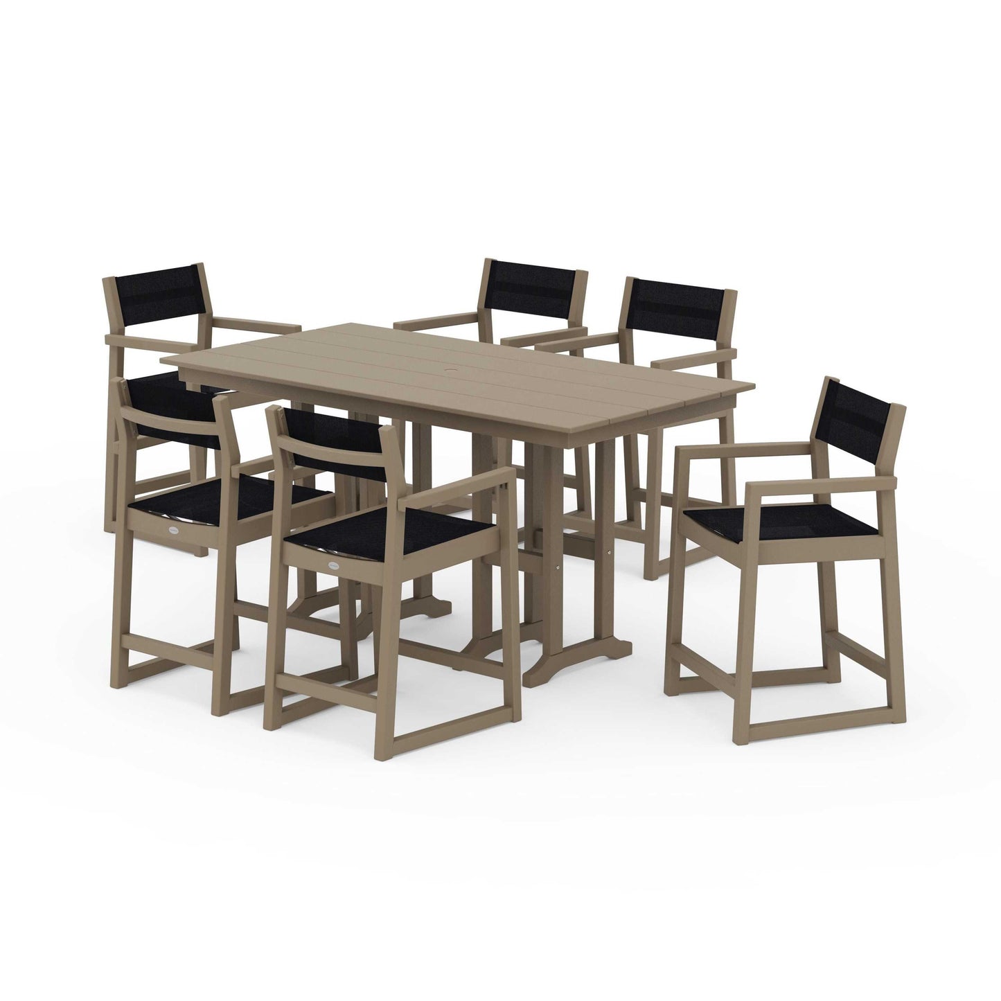 POLYWOOD EDGE Sling Arm Chair 7-Piece Farmhouse Counter Set — Vintage Sahara / Black Sling