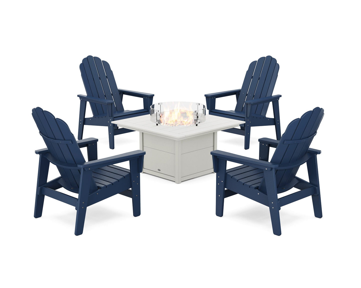 POLYWOOD 5-Piece Vineyard Grand Upright Adirondack Conversation Set with Fire Pit Table — Navy / White