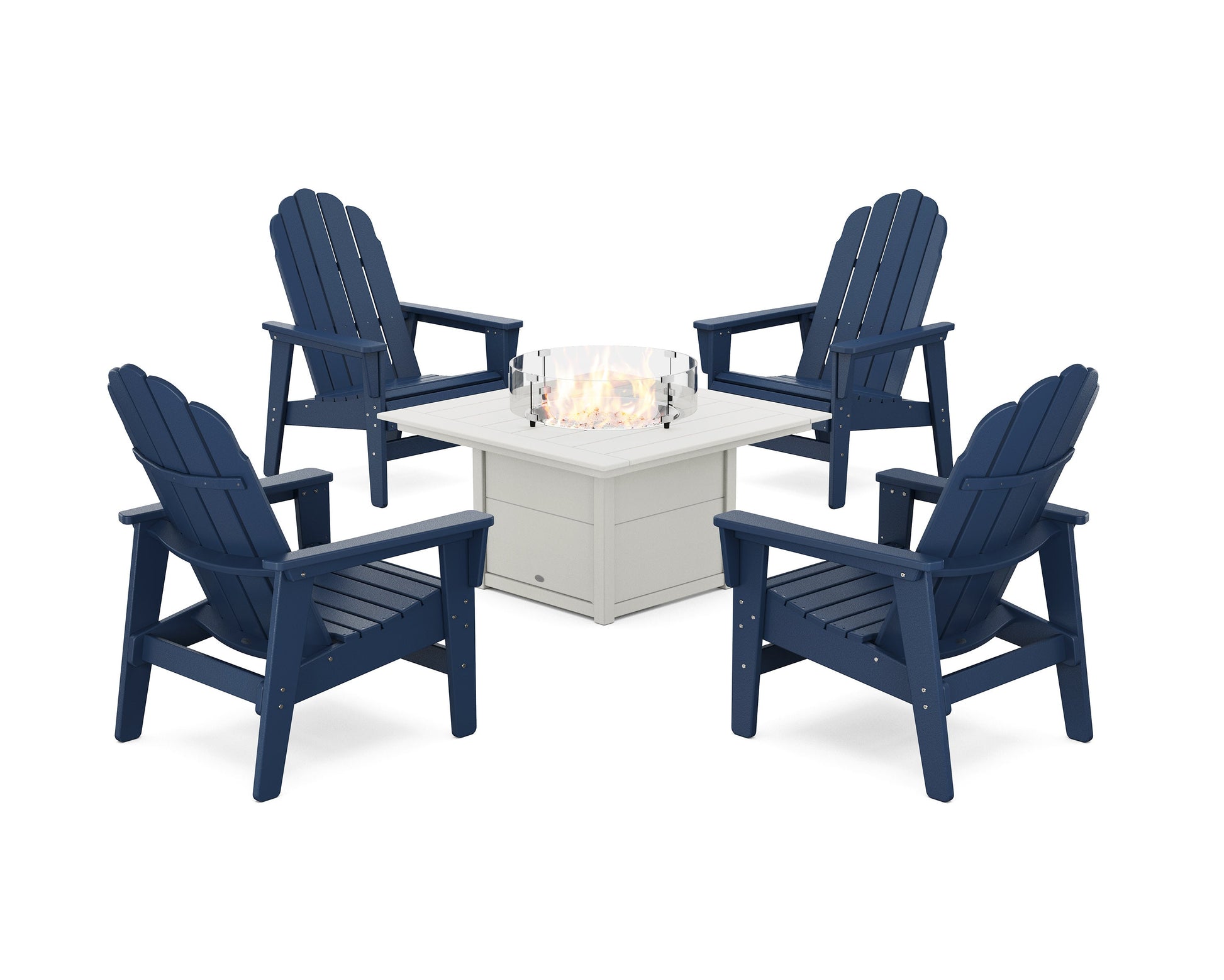 POLYWOOD 5-Piece Vineyard Grand Upright Adirondack Conversation Set with Fire Pit Table — Navy / White