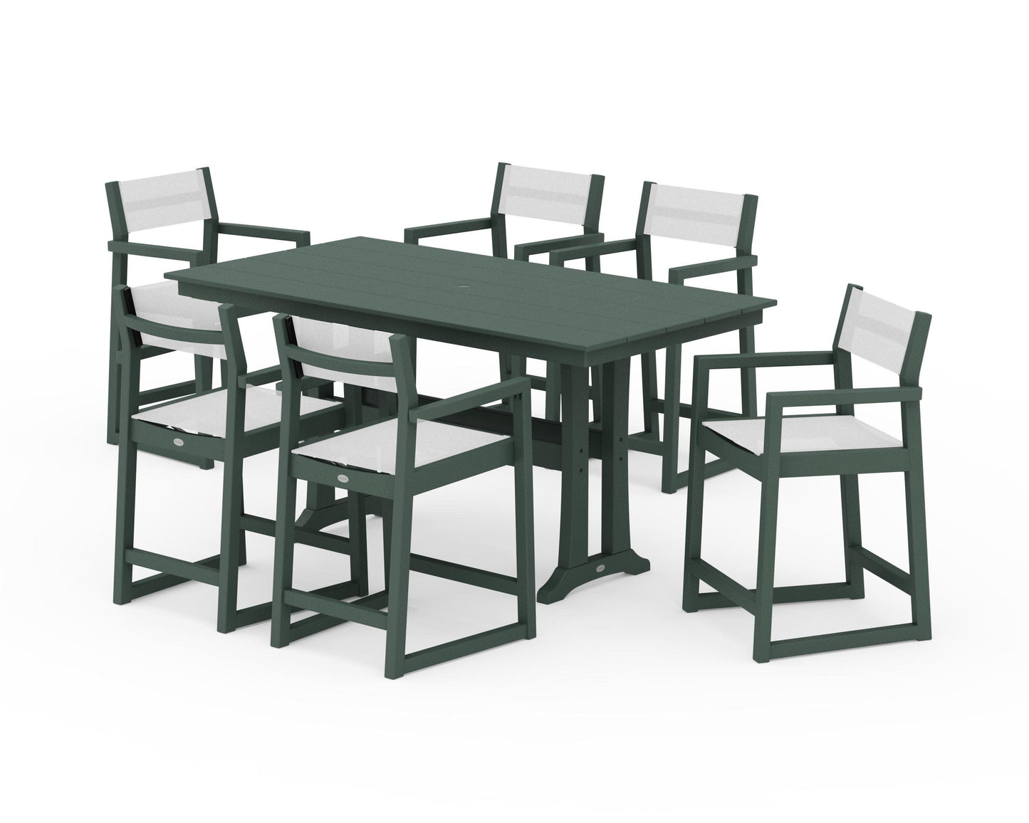POLYWOOD EDGE Sling Arm Chair 7-Piece Farmhouse Counter Set with Trestle Legs — Green / White Sling