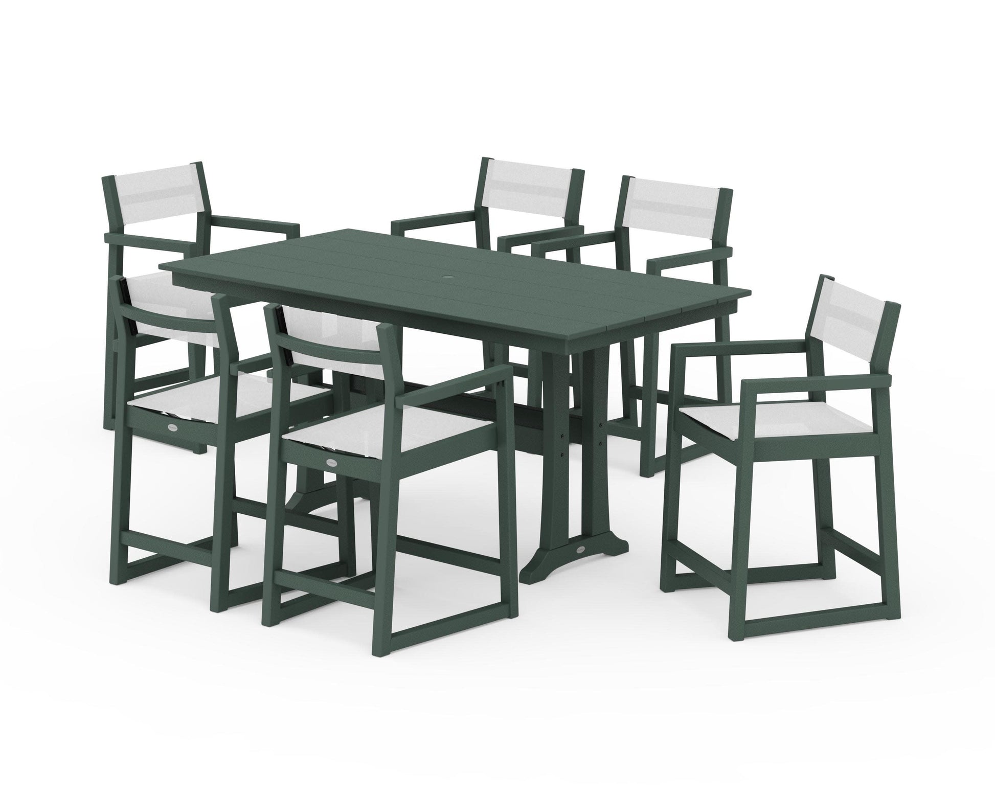 POLYWOOD EDGE Sling Arm Chair 7-Piece Farmhouse Counter Set with Trestle Legs — Green / White Sling