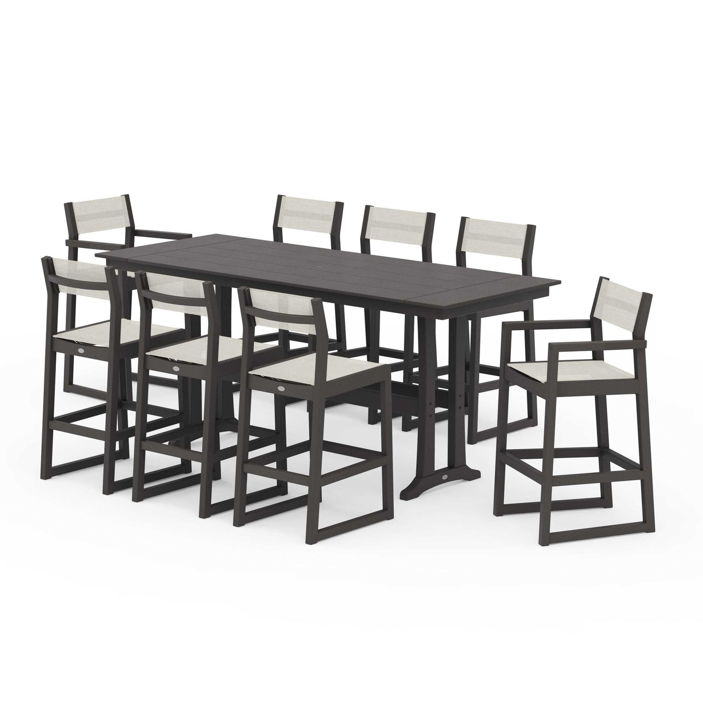 POLYWOOD EDGE Sling 9-Piece Farmhouse Bar Set with Trestle Legs — Vintage Coffee / Parchment Sling