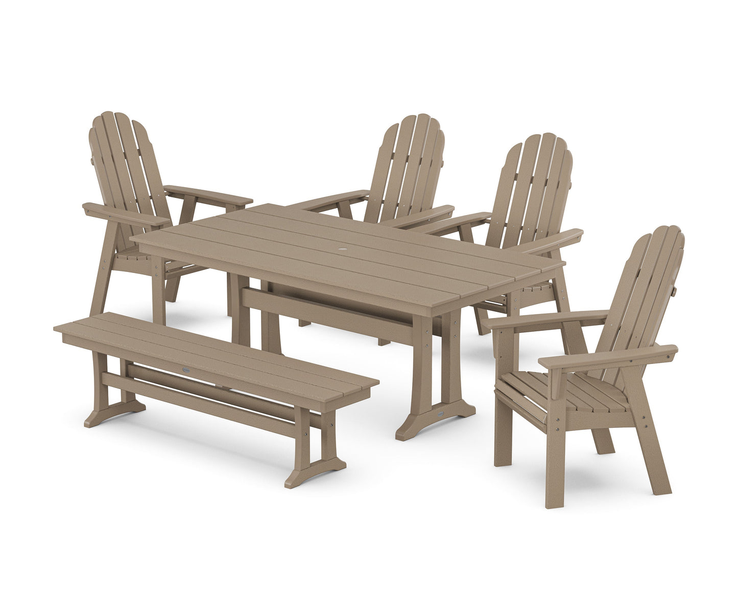 POLYWOOD Vineyard Curveback Adirondack Chair 6-Piece Farmhouse Dining Set with Trestle Legs and Bench — Vintage Sahara