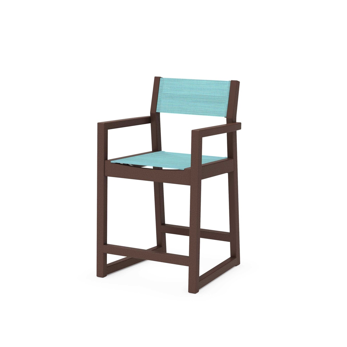 POLYWOOD EDGE Sling Counter Arm Chair — Mahogany / Dupioni Aquamarine Sling