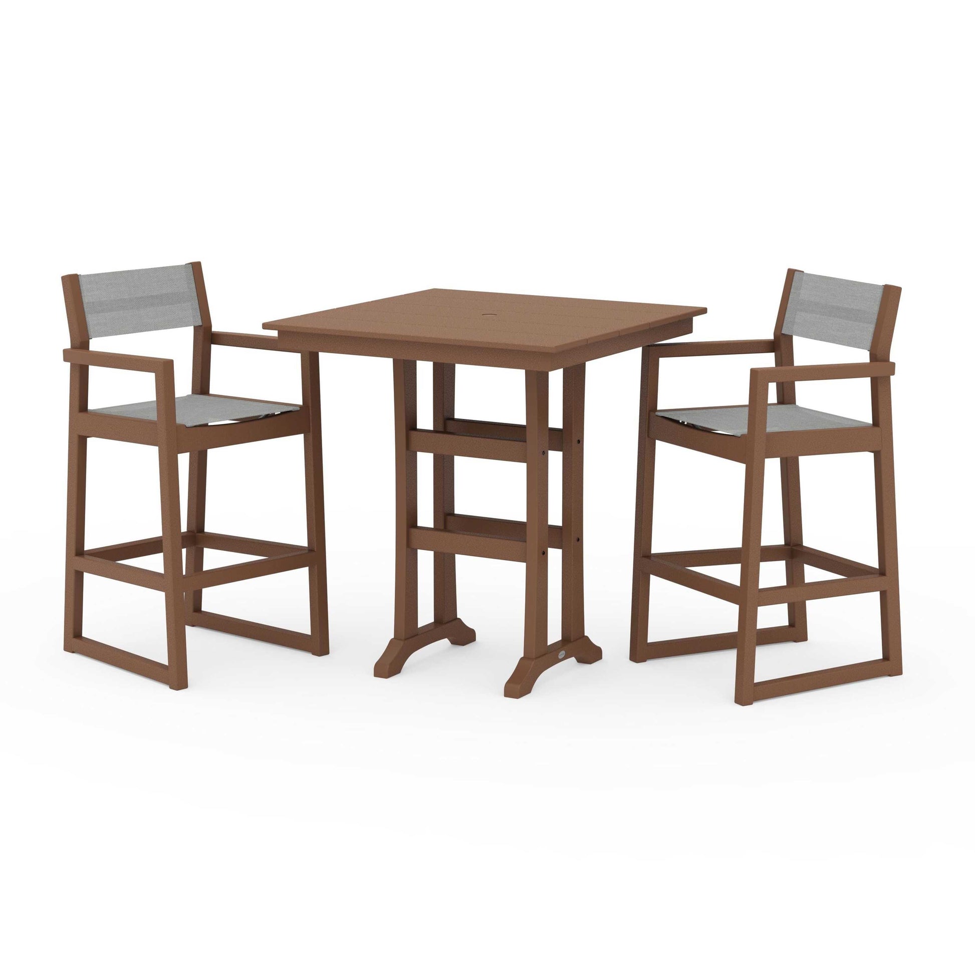 POLYWOOD EDGE Sling Arm Chair 3-Piece Farmhouse Bar Set with Trestle Legs — Teak / Metallic Sling