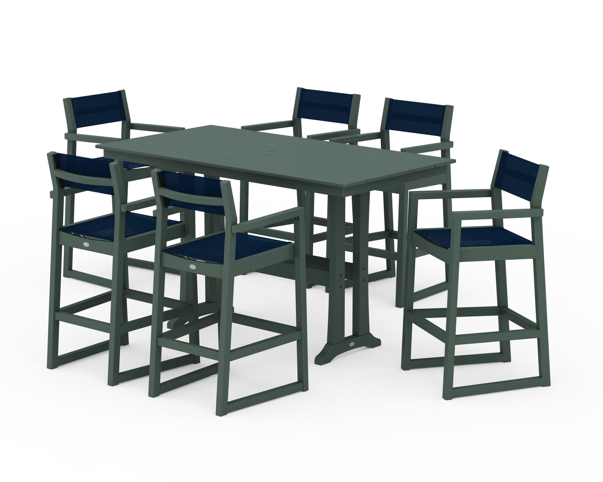 POLYWOOD EDGE Sling Arm Chair 7-Piece Farmhouse Bar Set with Trestle Legs — Green / Navy Blue Sling