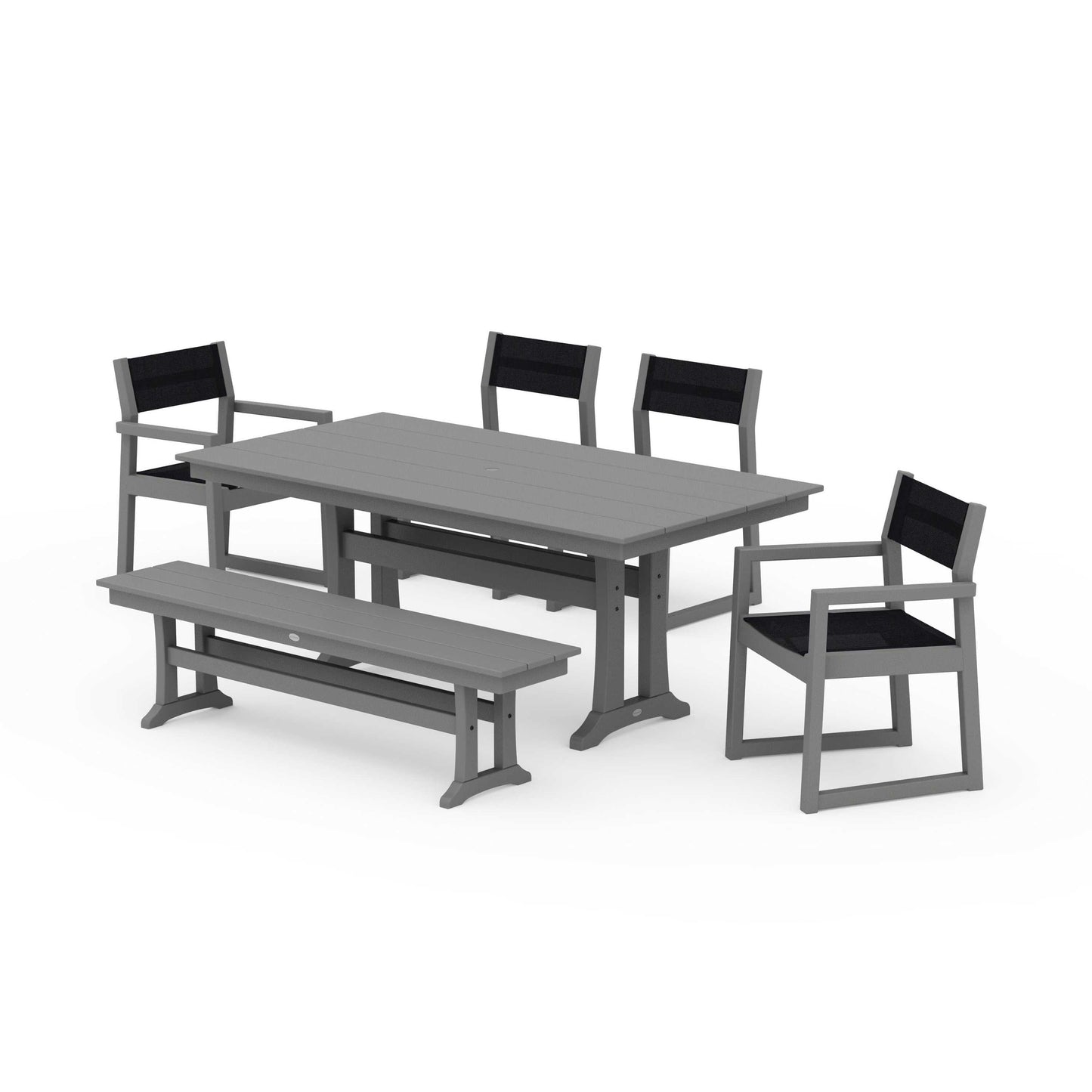 POLYWOOD EDGE Sling 6-Piece Farmhouse Dining Set With Trestle Legs — Slate Grey / Black Sling