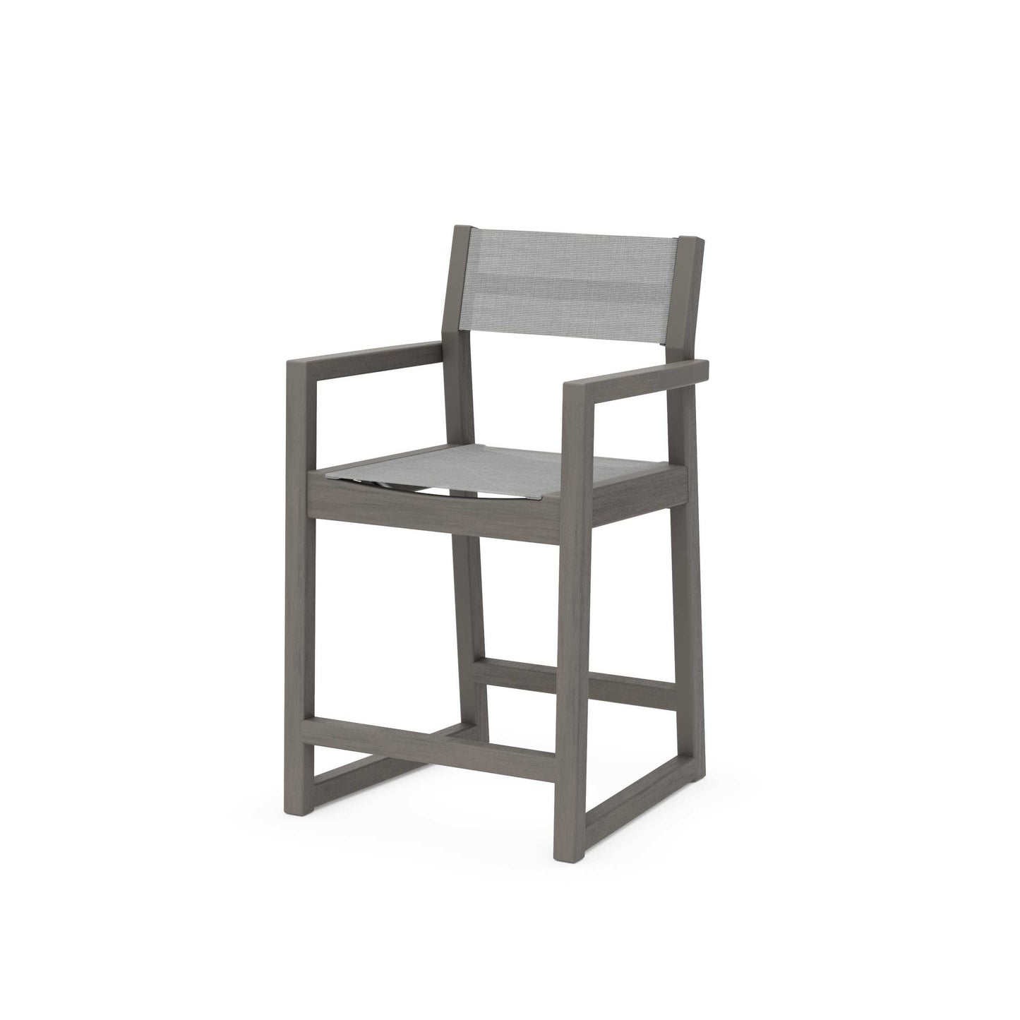 POLYWOOD EDGE Sling Counter Arm Chair — Driftwood / Metallic Sling