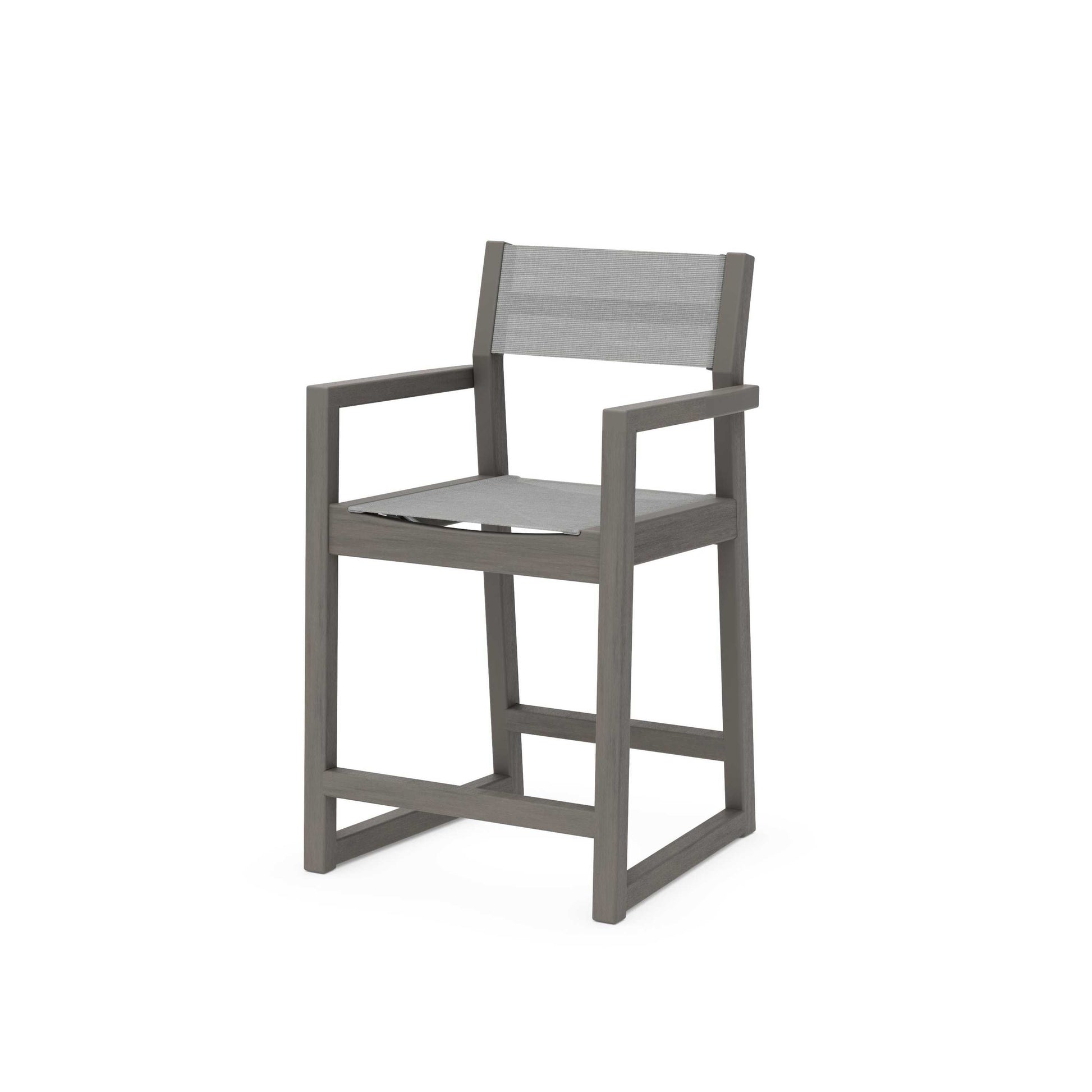 POLYWOOD EDGE Sling Counter Arm Chair — Driftwood / Metallic Sling