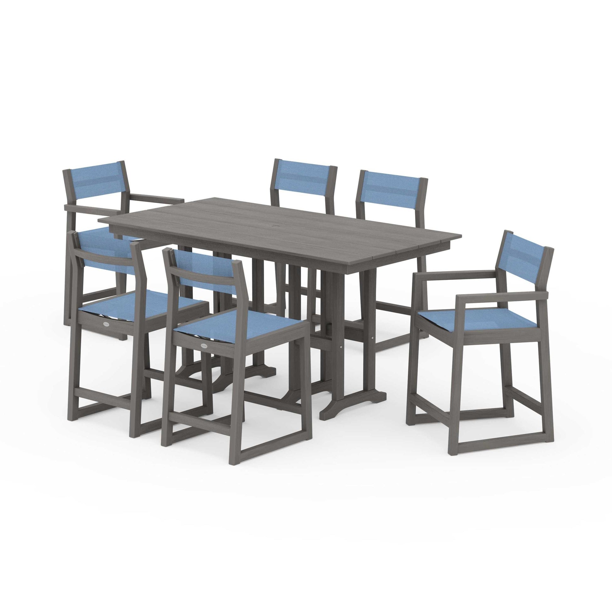 POLYWOOD EDGE Sling 7-Piece Farmhouse Counter Set with Trestle Legs — Driftwood / Poolside Sling