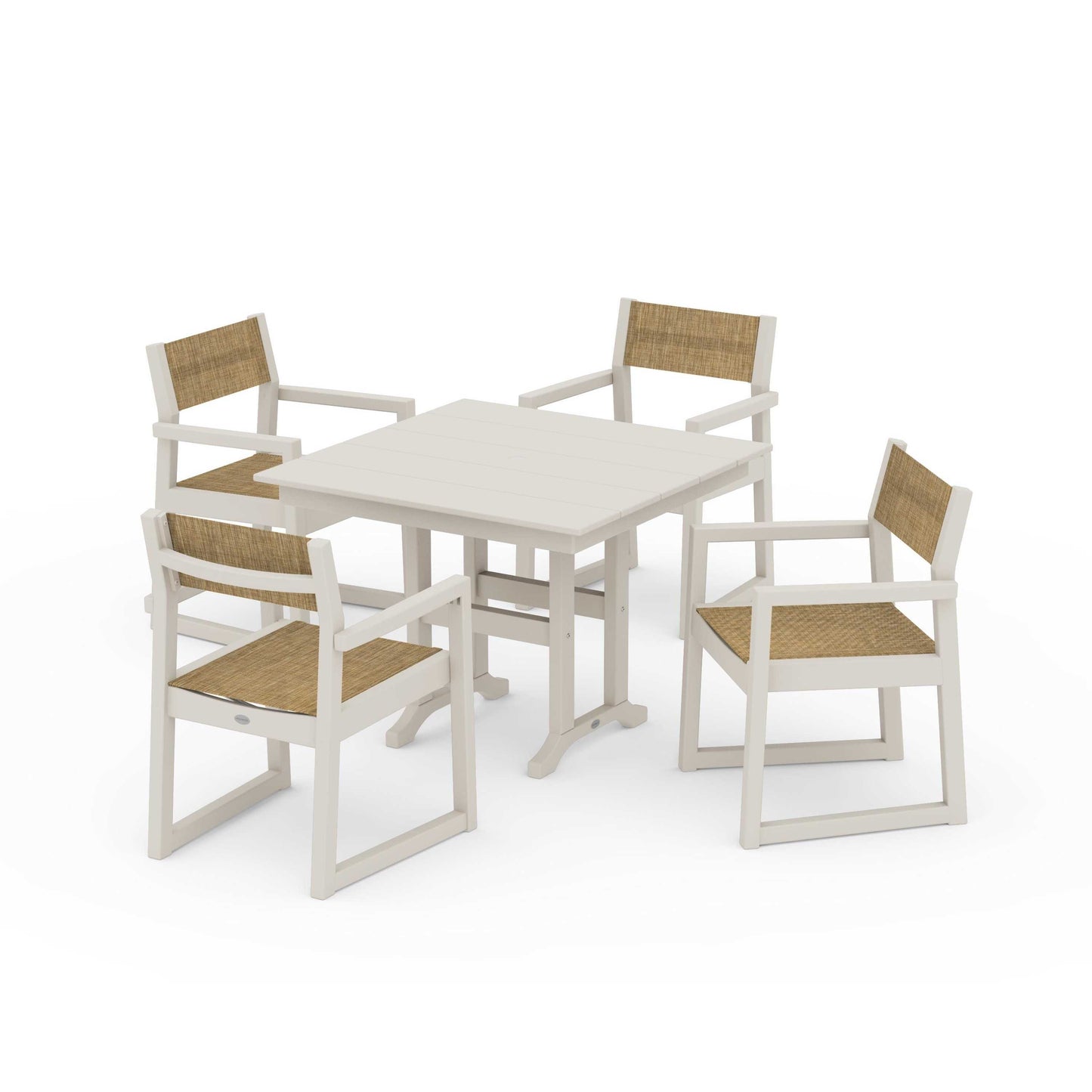 POLYWOOD EDGE Sling Arm Chair 5-Piece Farmhouse Dining Set — Sand / Burlap Sling