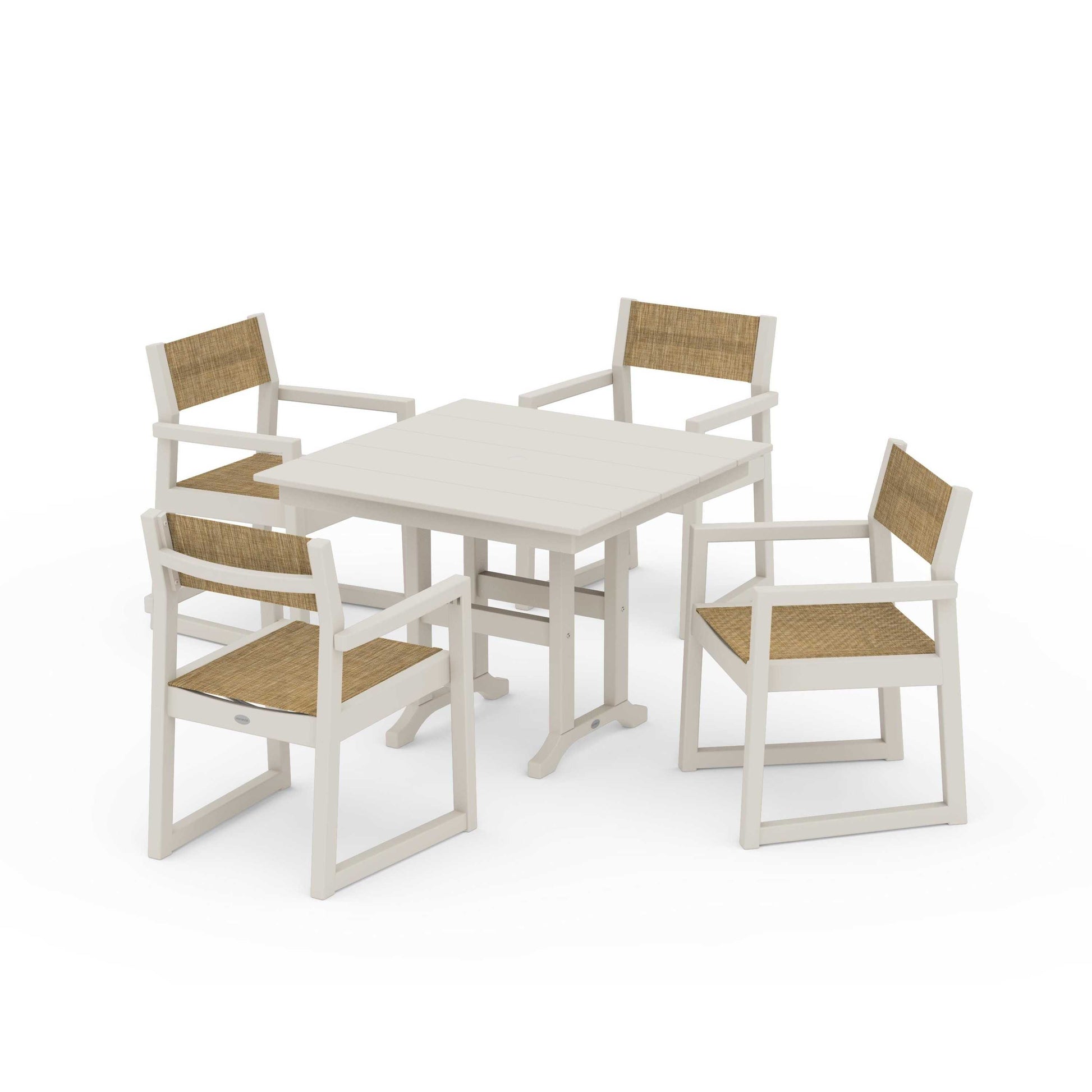 POLYWOOD EDGE Sling Arm Chair 5-Piece Farmhouse Dining Set — Sand / Burlap Sling