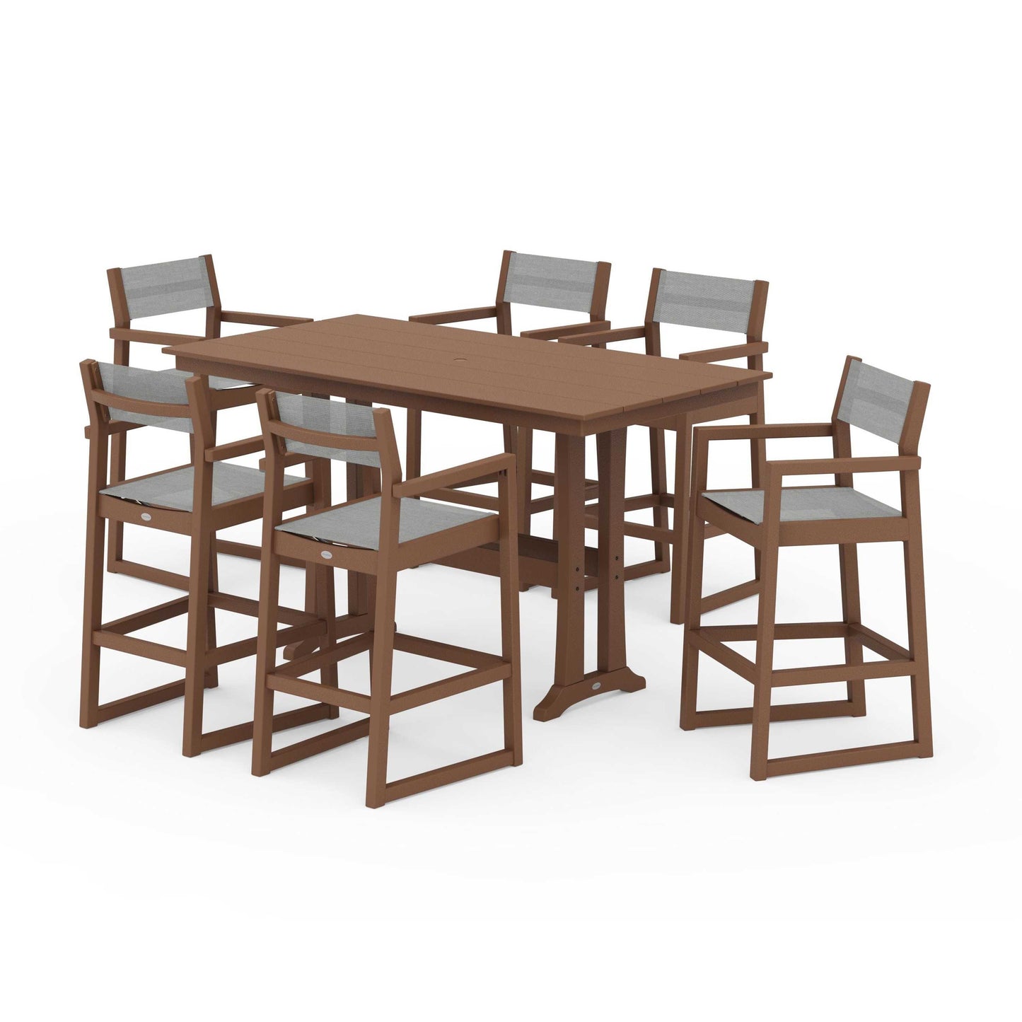 POLYWOOD EDGE Sling Arm Chair 7-Piece Farmhouse Bar Set with Trestle Legs — Teak / Metallic Sling