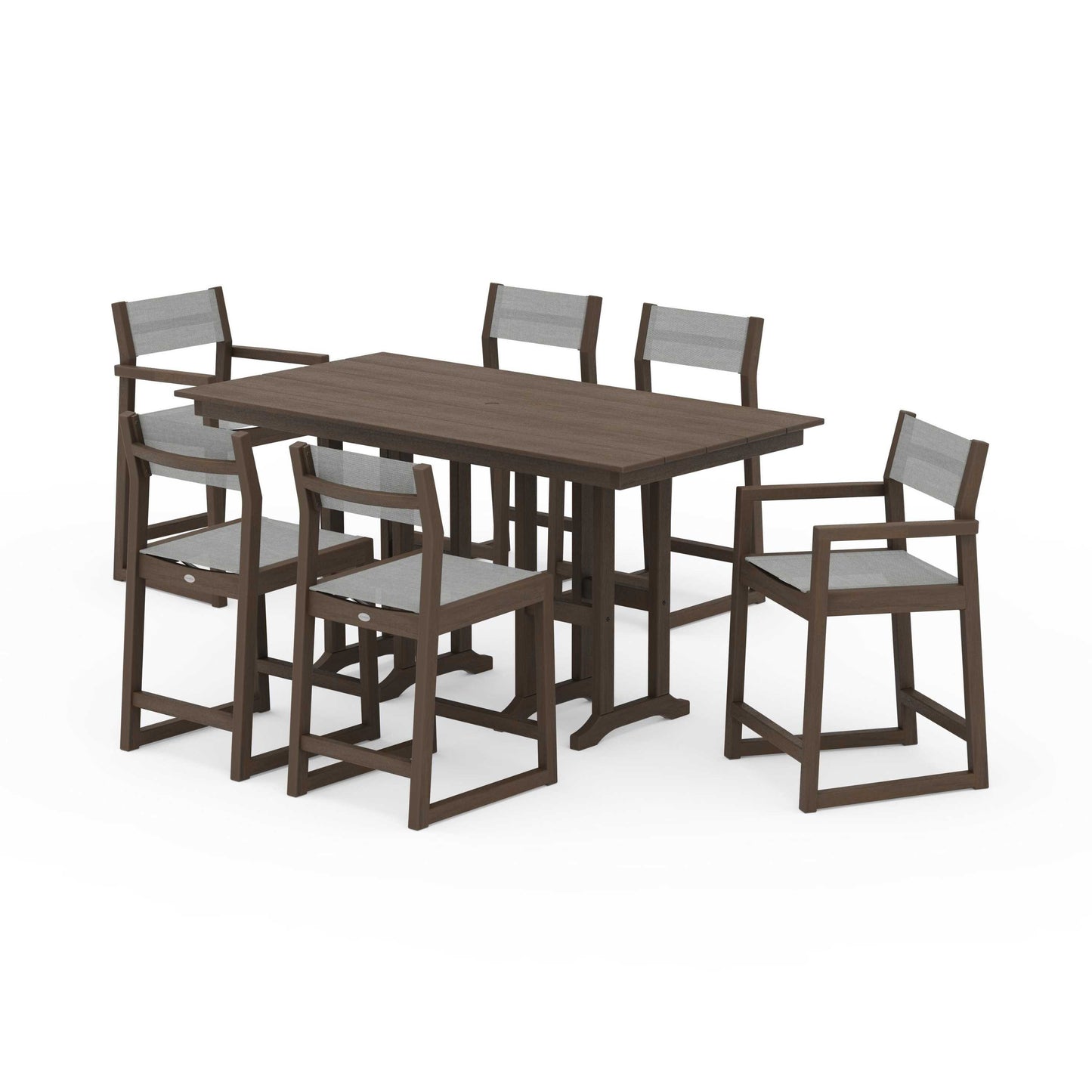POLYWOOD EDGE Sling 7-Piece Farmhouse Counter Set with Trestle Legs — Kona / Metallic Sling