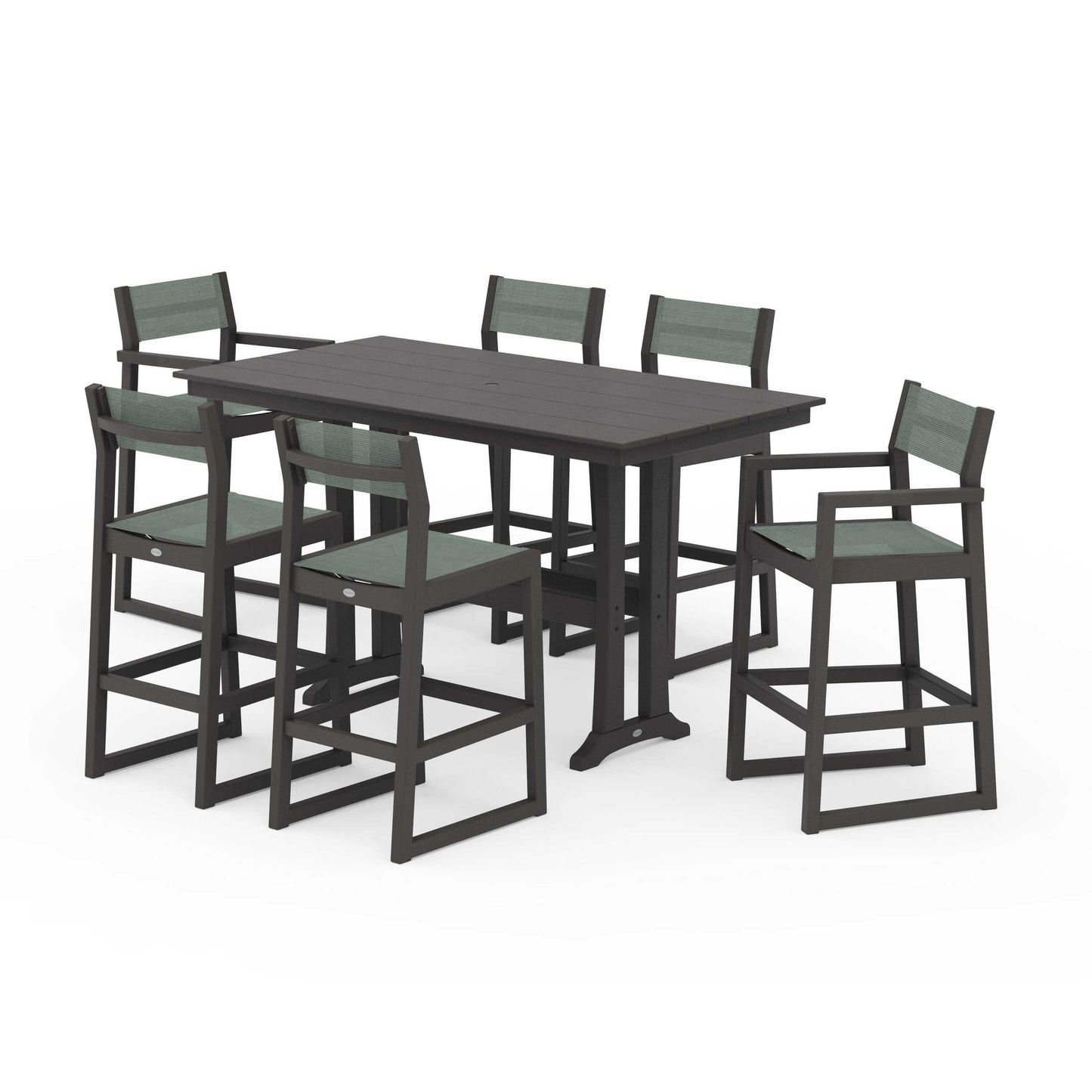 POLYWOOD EDGE Sling 7-Piece Farmhouse Bar Set with Trestle Legs — Vintage Coffee / Dupioni Sea Mist Sling