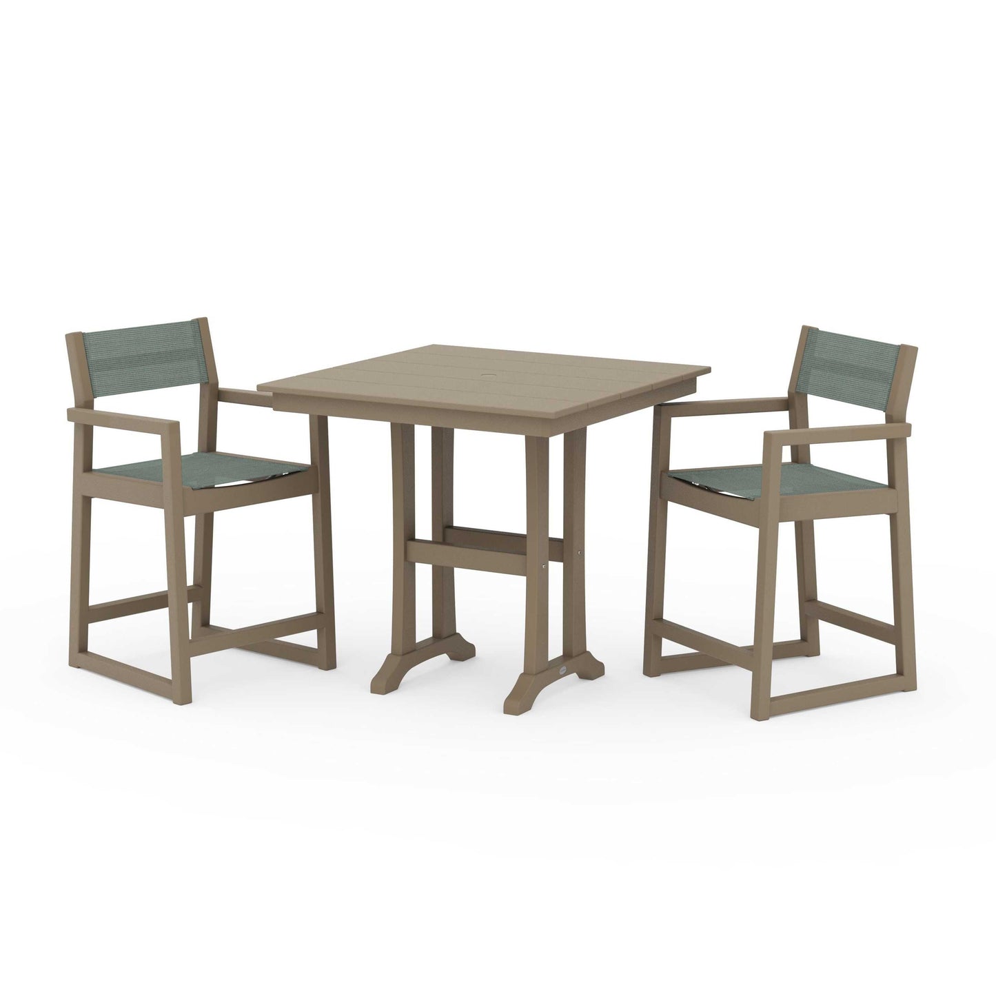 POLYWOOD EDGE Sling Arm Chair 3-Piece Farmhouse Counter Set with Trestle Legs — Vintage Sahara / Dupioni Sea Mist Sling