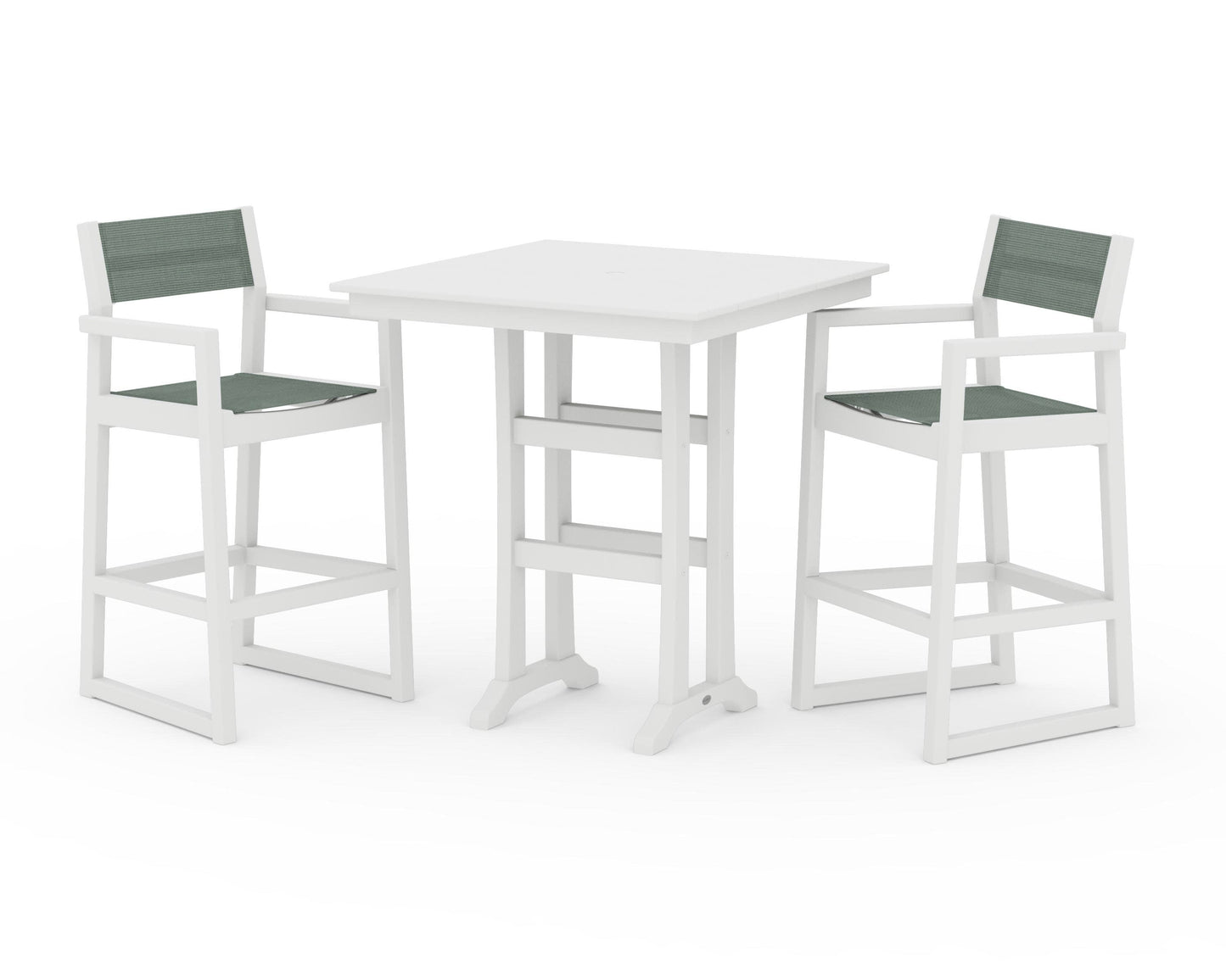 POLYWOOD EDGE Sling Arm Chair 3-Piece Farmhouse Bar Set with Trestle Legs — White / Dupioni Sea Mist Sling