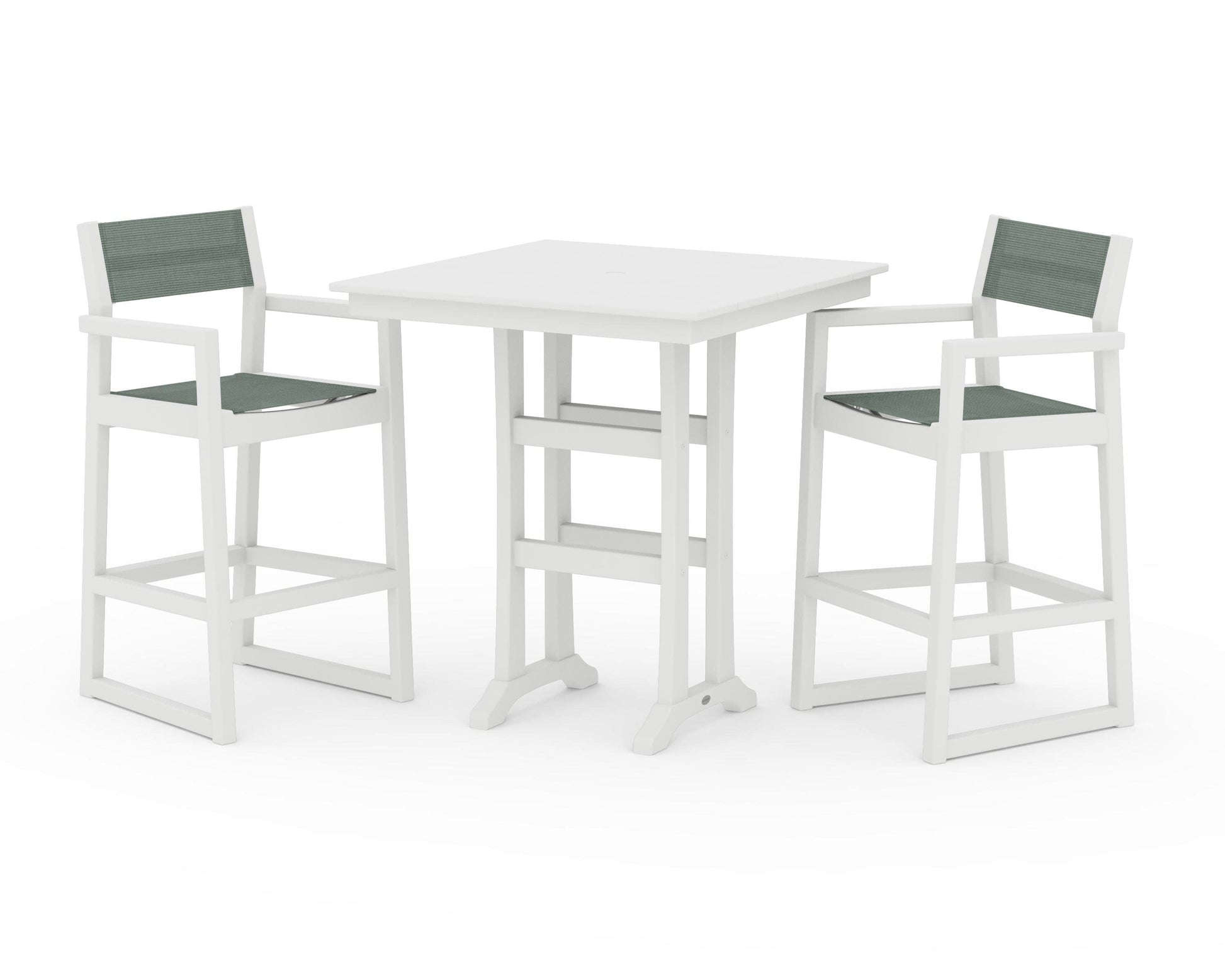 POLYWOOD EDGE Sling Arm Chair 3-Piece Farmhouse Bar Set with Trestle Legs — White / Dupioni Sea Mist Sling