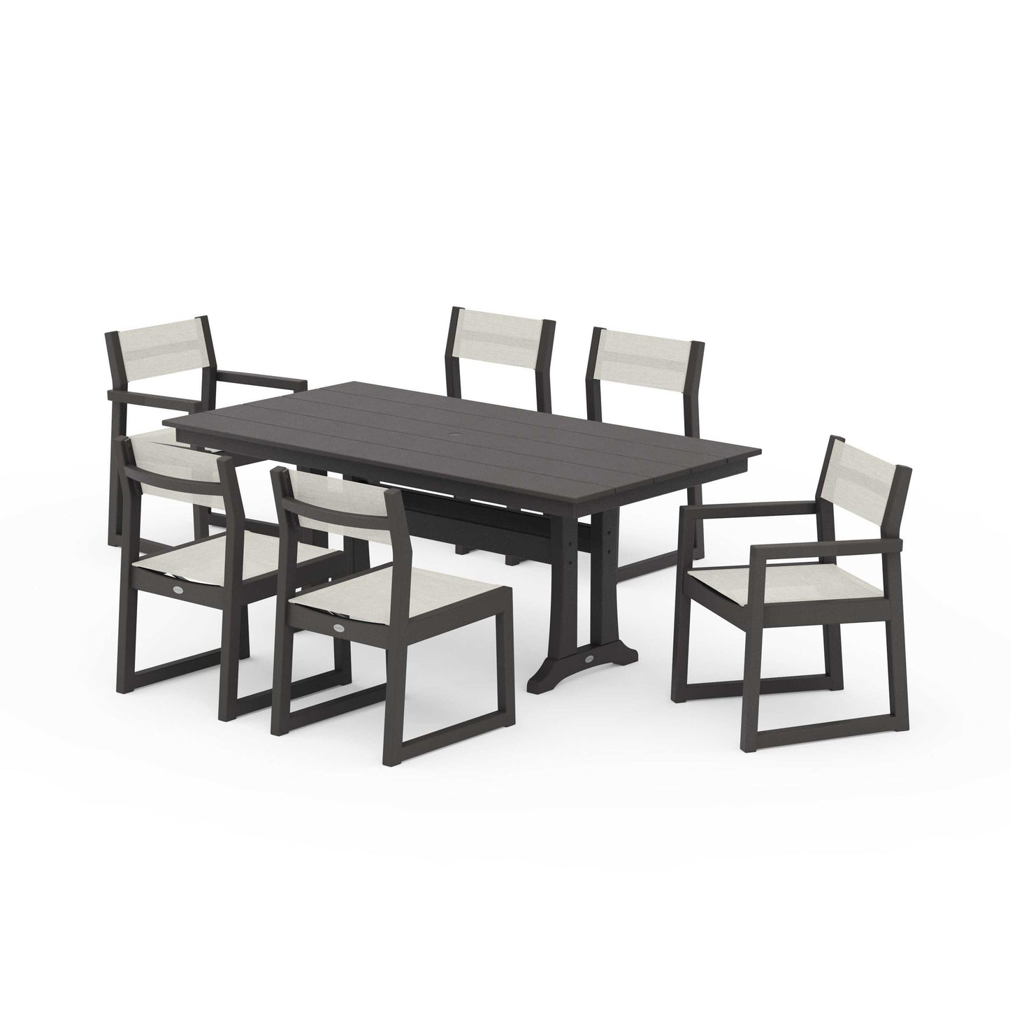 POLYWOOD EDGE Sling 7-Piece Farmhouse Trestle Dining Set — Vintage Coffee / Parchment Sling