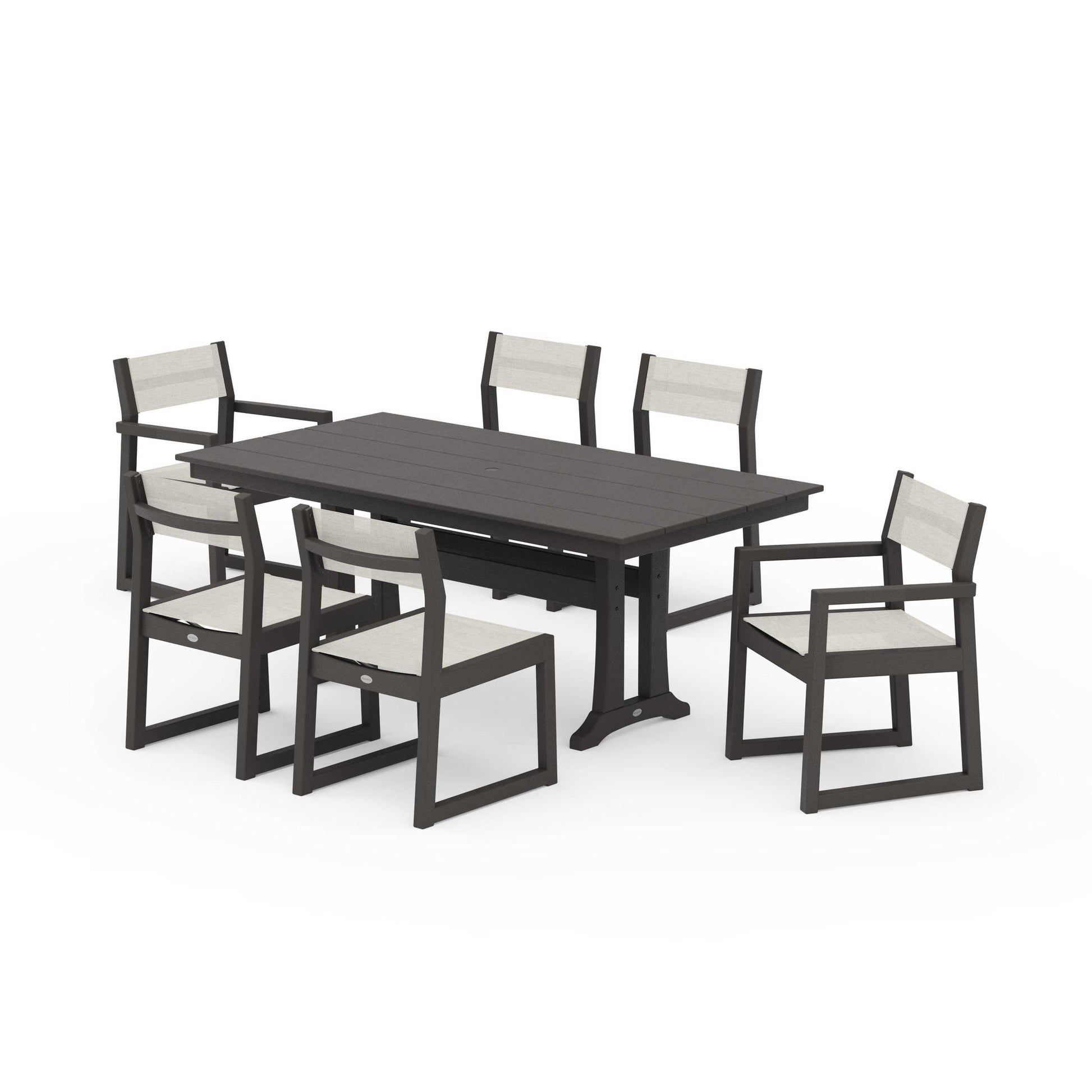 POLYWOOD EDGE Sling 7-Piece Farmhouse Trestle Dining Set — Vintage Coffee / Parchment Sling
