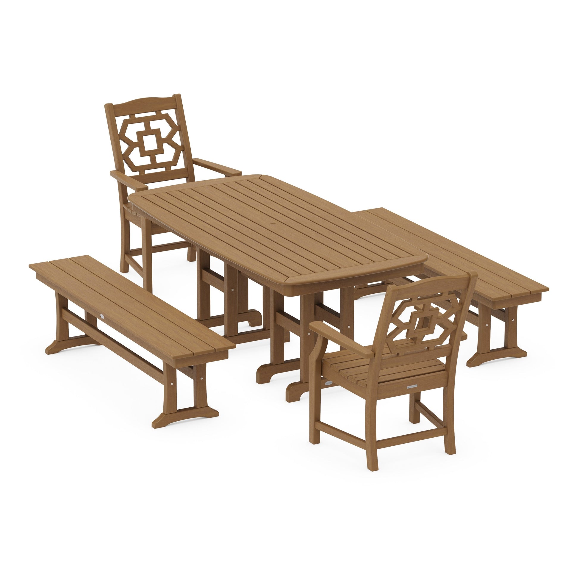POLYWOOD Chinoiserie 5-Piece Dining Set with Benches — Natural