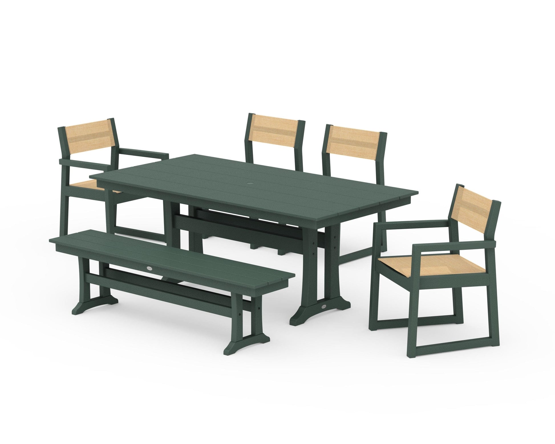 POLYWOOD EDGE Sling 6-Piece Farmhouse Dining Set With Trestle Legs — Green / Dupioni Apricot Sling